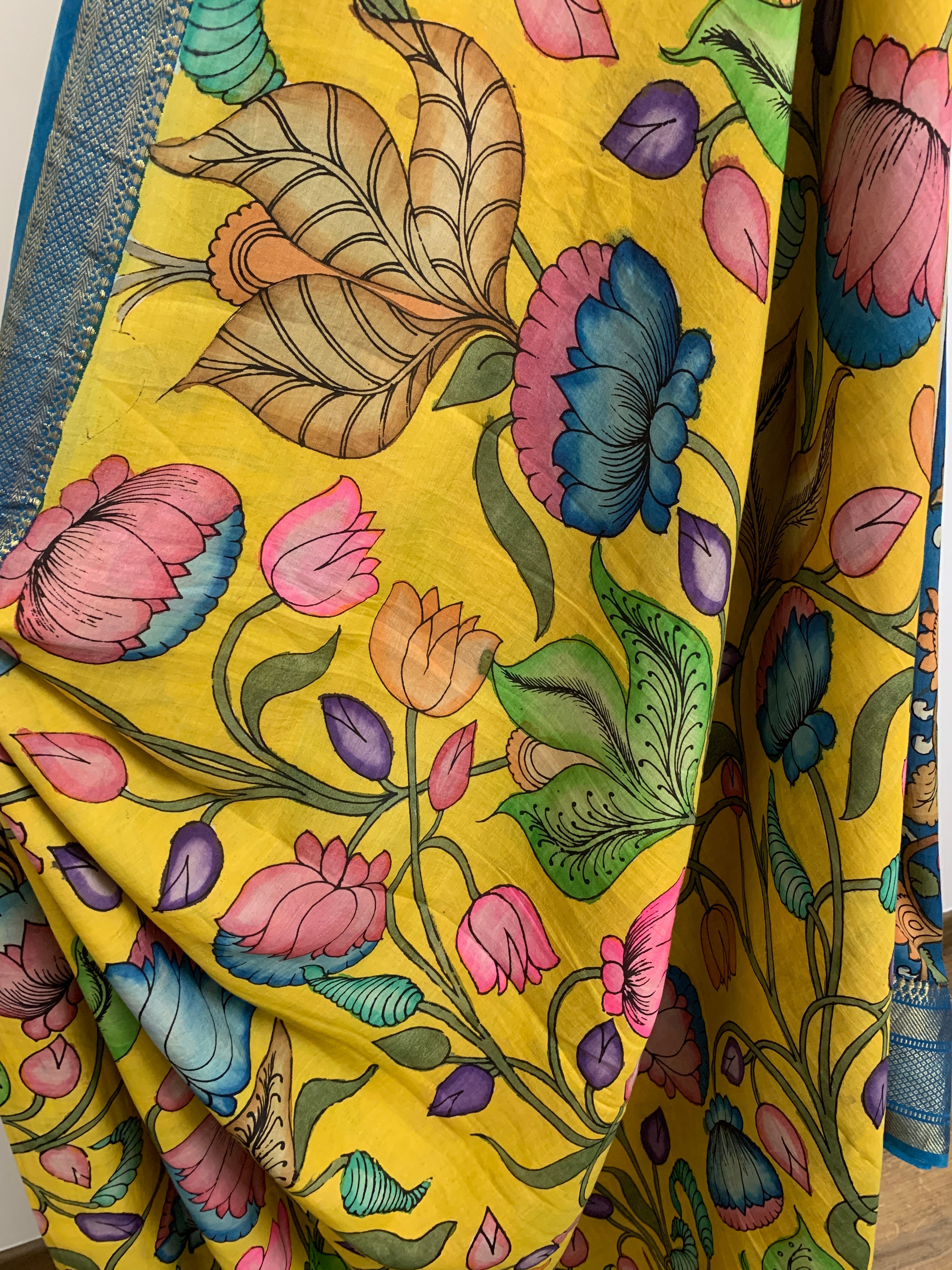 Yellow and Blue Pen Kalamkari Silk Saree