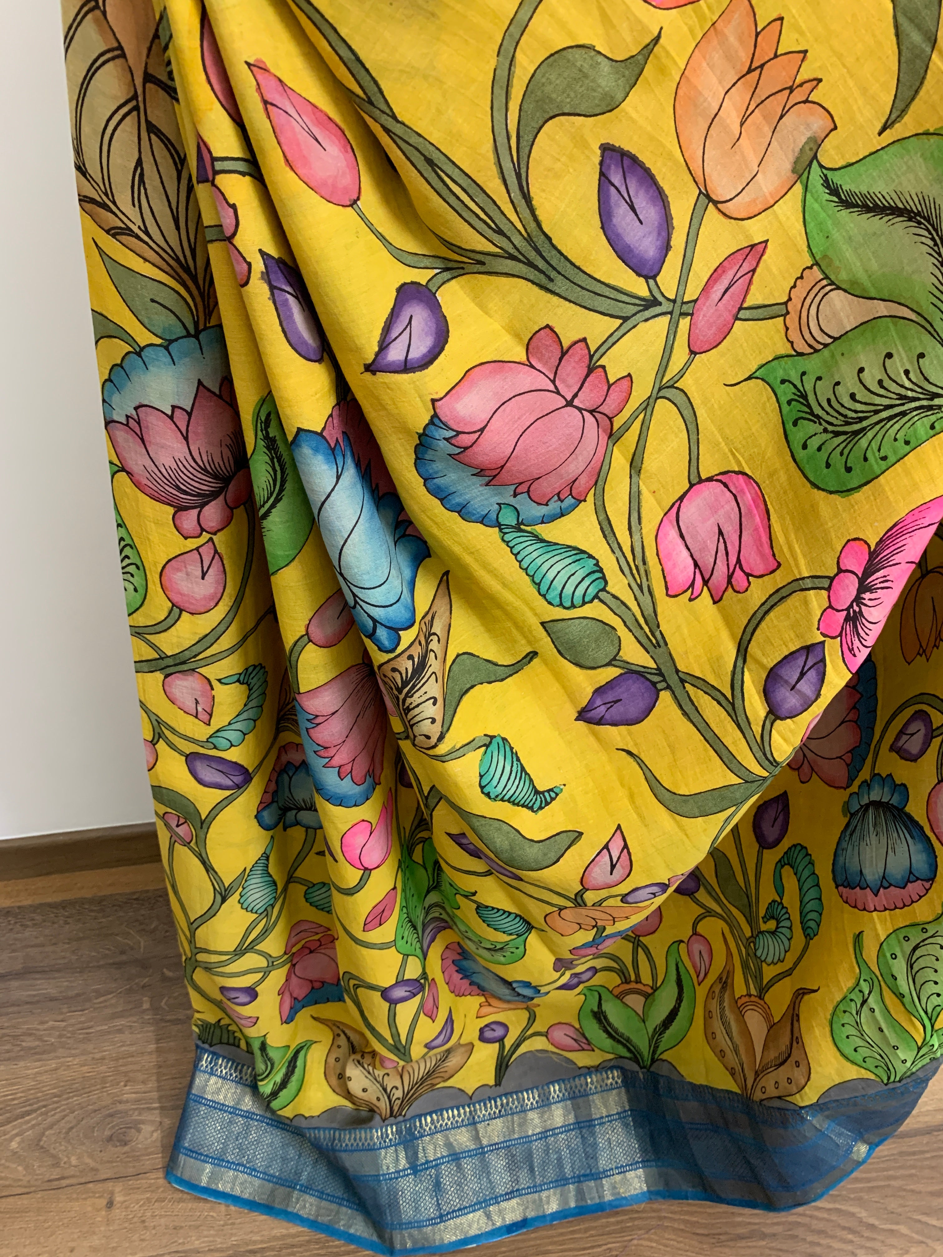 Yellow and Blue Pen Kalamkari Silk Saree