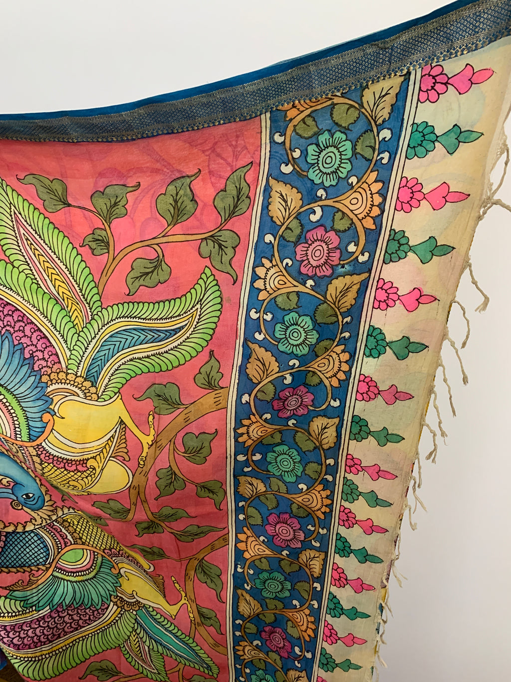 Yellow and Blue Pen Kalamkari Silk Saree