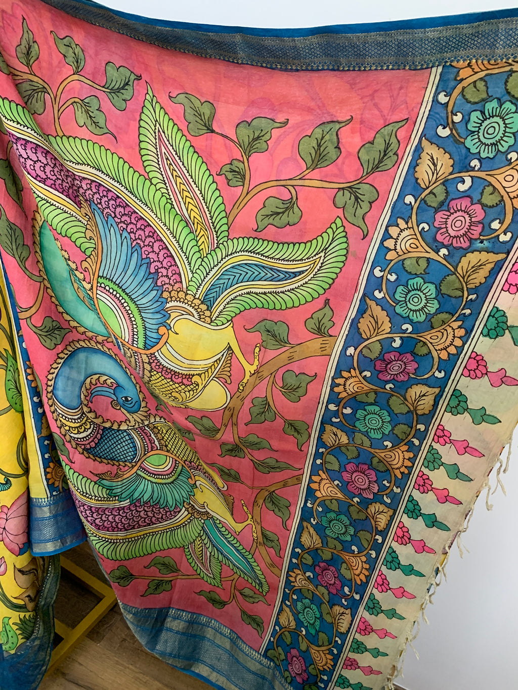 Yellow and Blue Pen Kalamkari Silk Saree