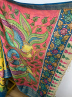 Yellow and Blue Pen Kalamkari Silk Saree