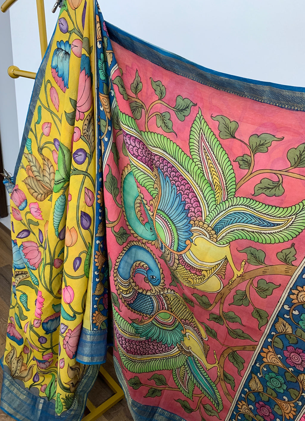 Yellow and Blue Pen Kalamkari Silk Saree