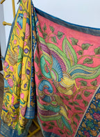 Yellow and Blue Pen Kalamkari Silk Saree