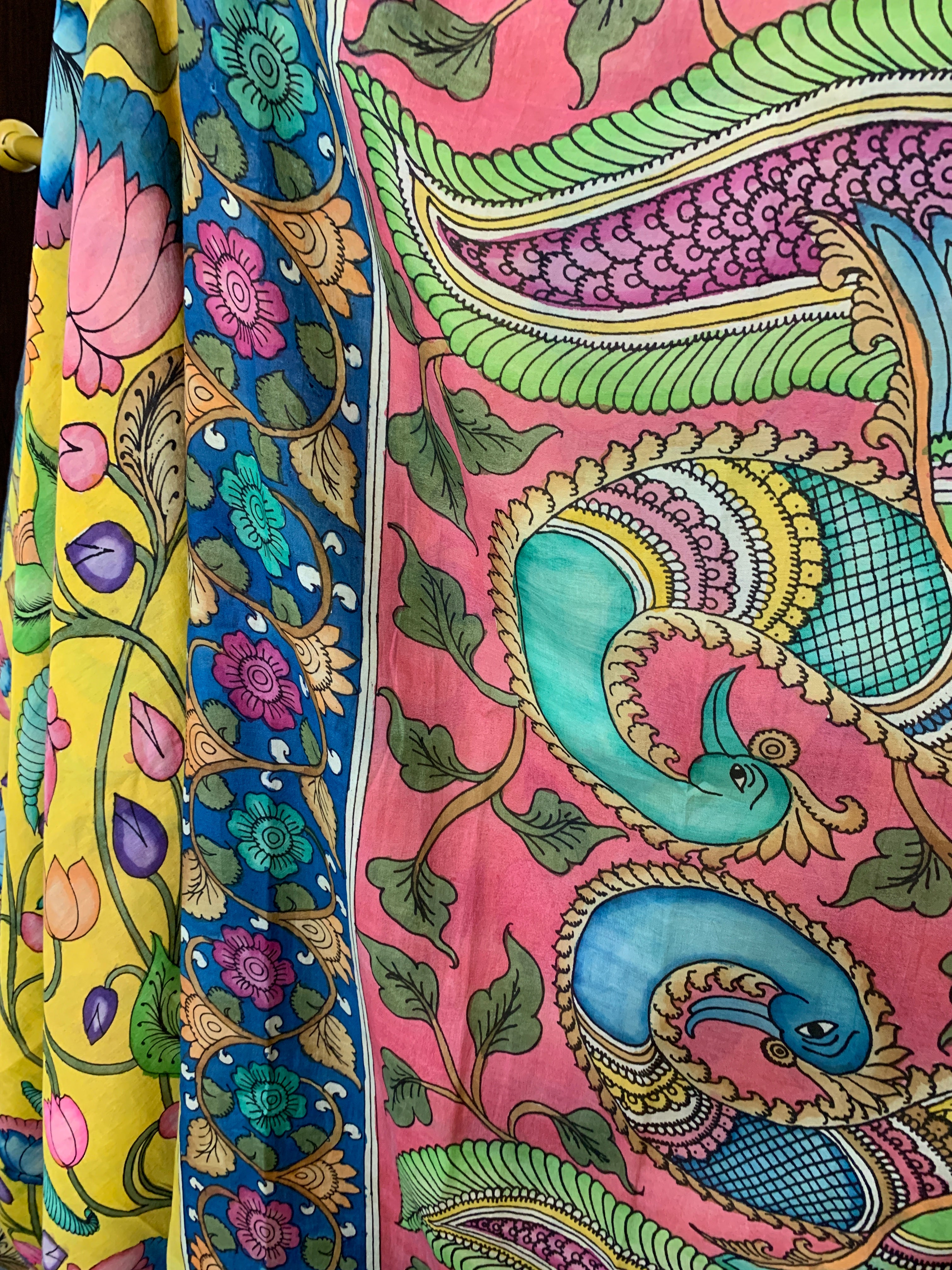 Yellow and Blue Pen Kalamkari Silk Saree