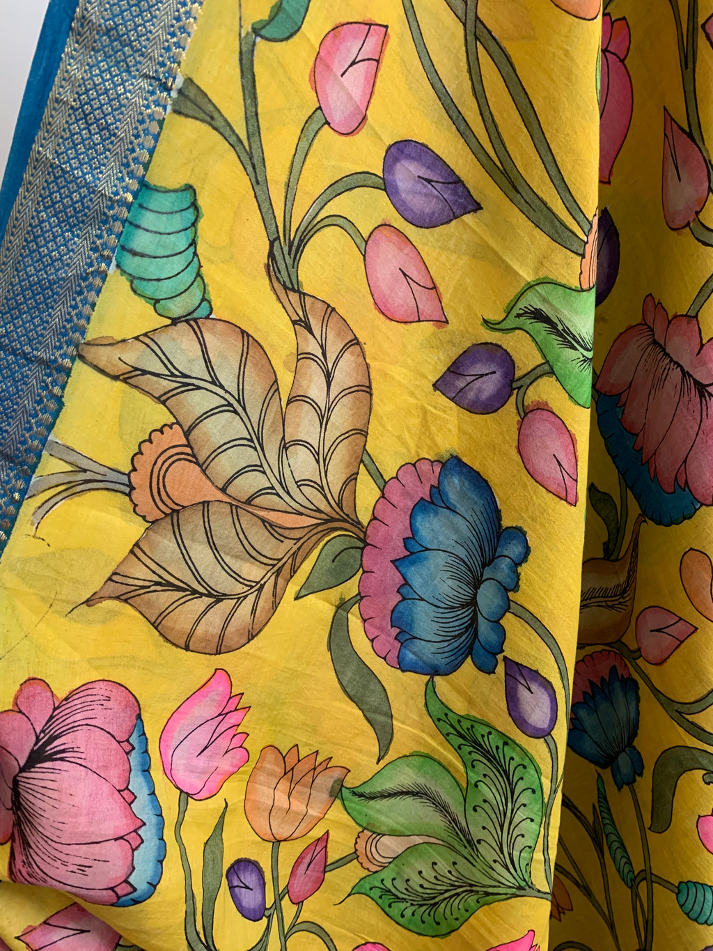 Yellow and Blue Pen Kalamkari Silk Saree