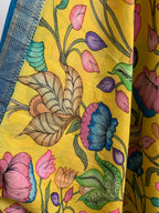 Yellow and Blue Pen Kalamkari Silk Saree