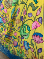 Yellow and Blue Pen Kalamkari Silk Saree
