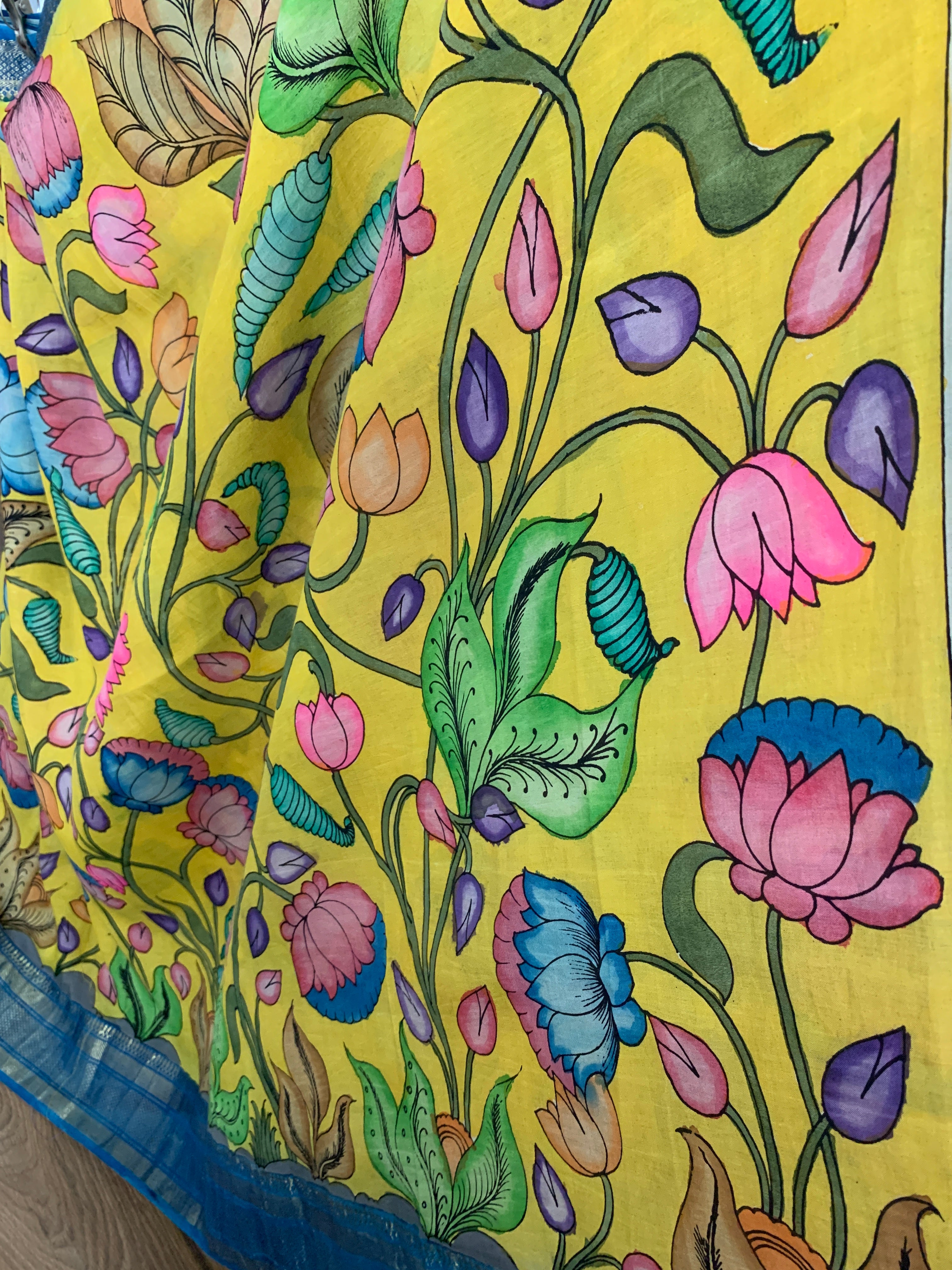 Yellow and Blue Pen Kalamkari Silk Saree