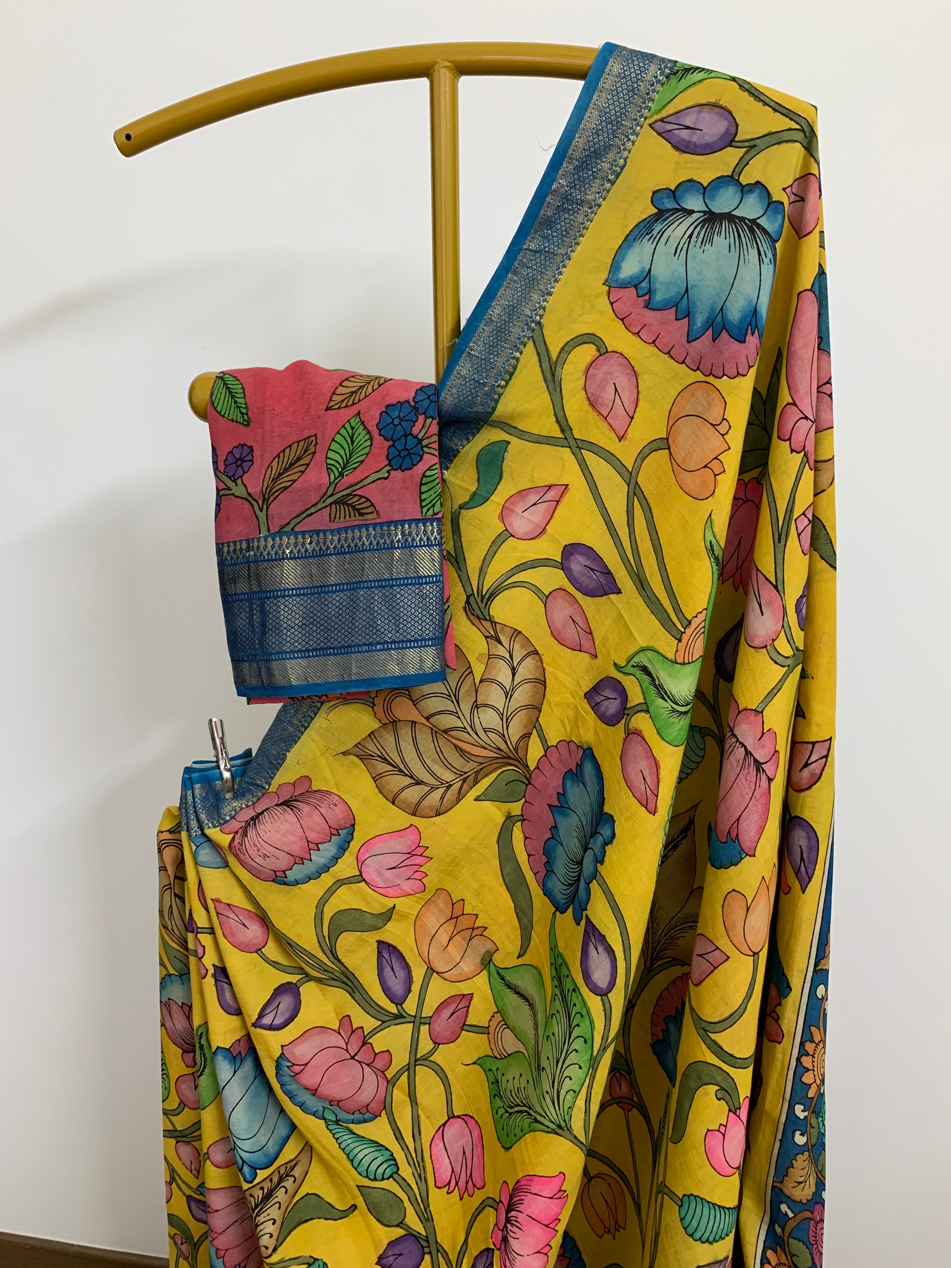 Yellow and Blue Pen Kalamkari Silk Saree