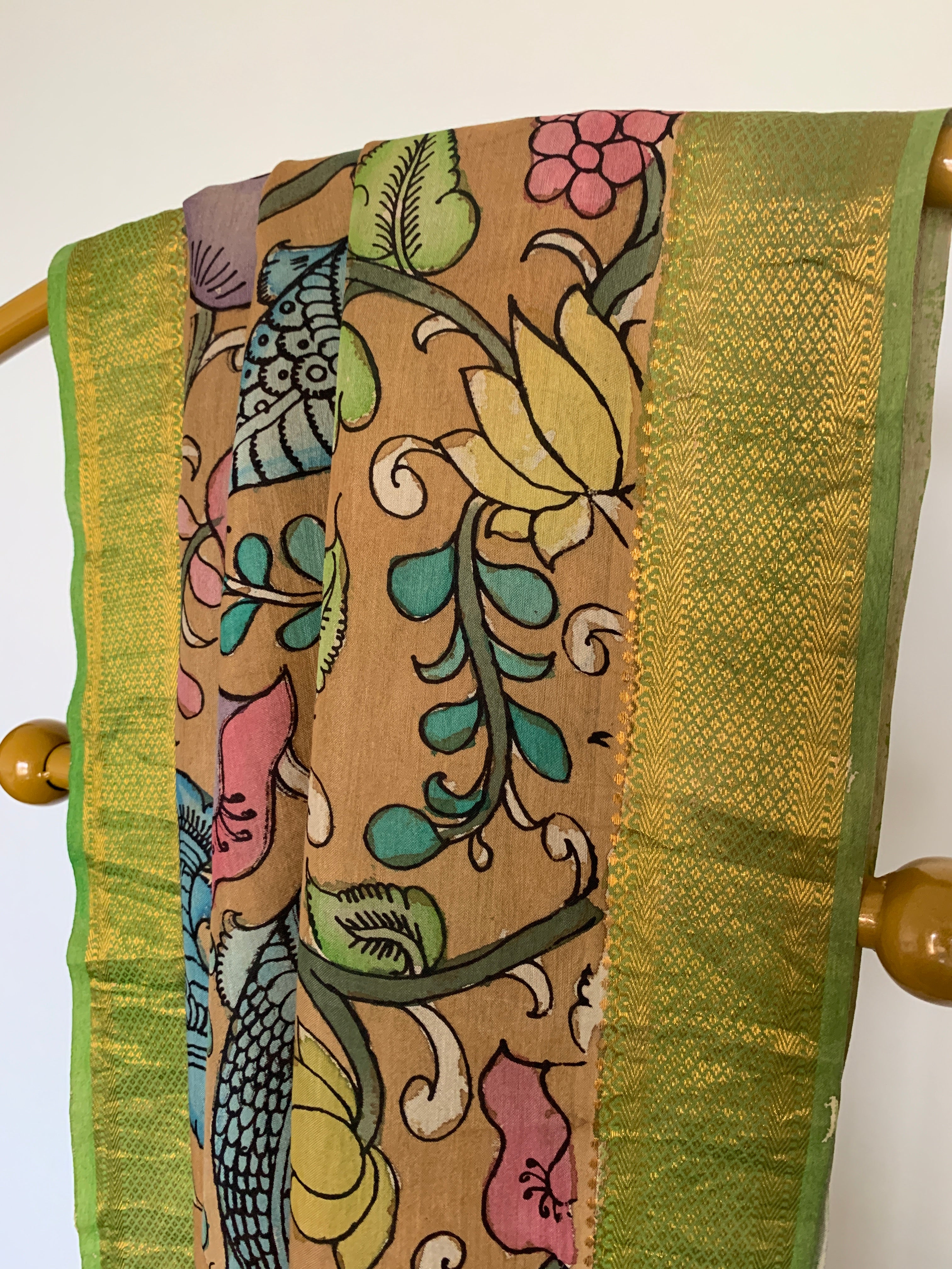 Beige Pen Kalamkari Silk Dupatta