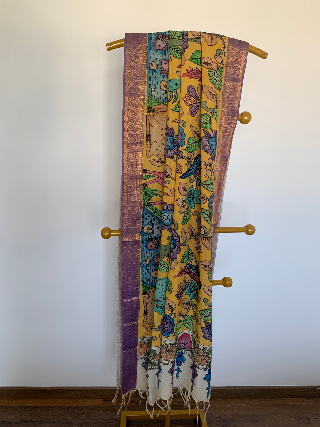 Golden Yellow Pen Kalamkari Silk Dupatta