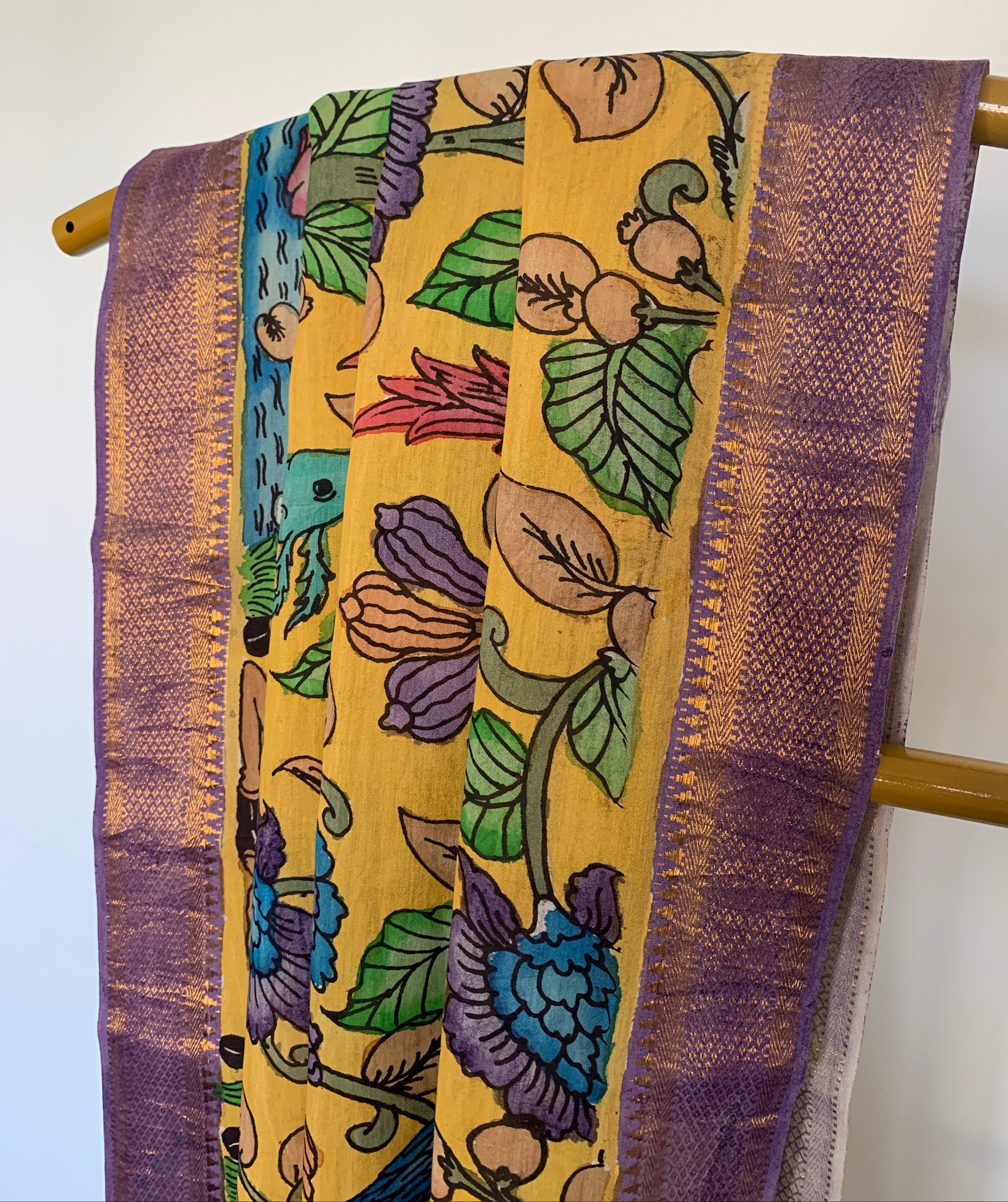 Golden Yellow Pen Kalamkari Silk Dupatta