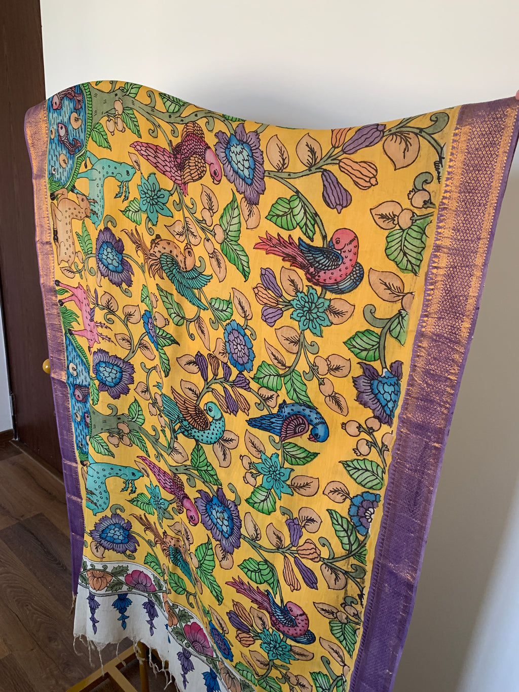 Golden Yellow Pen Kalamkari Silk Dupatta
