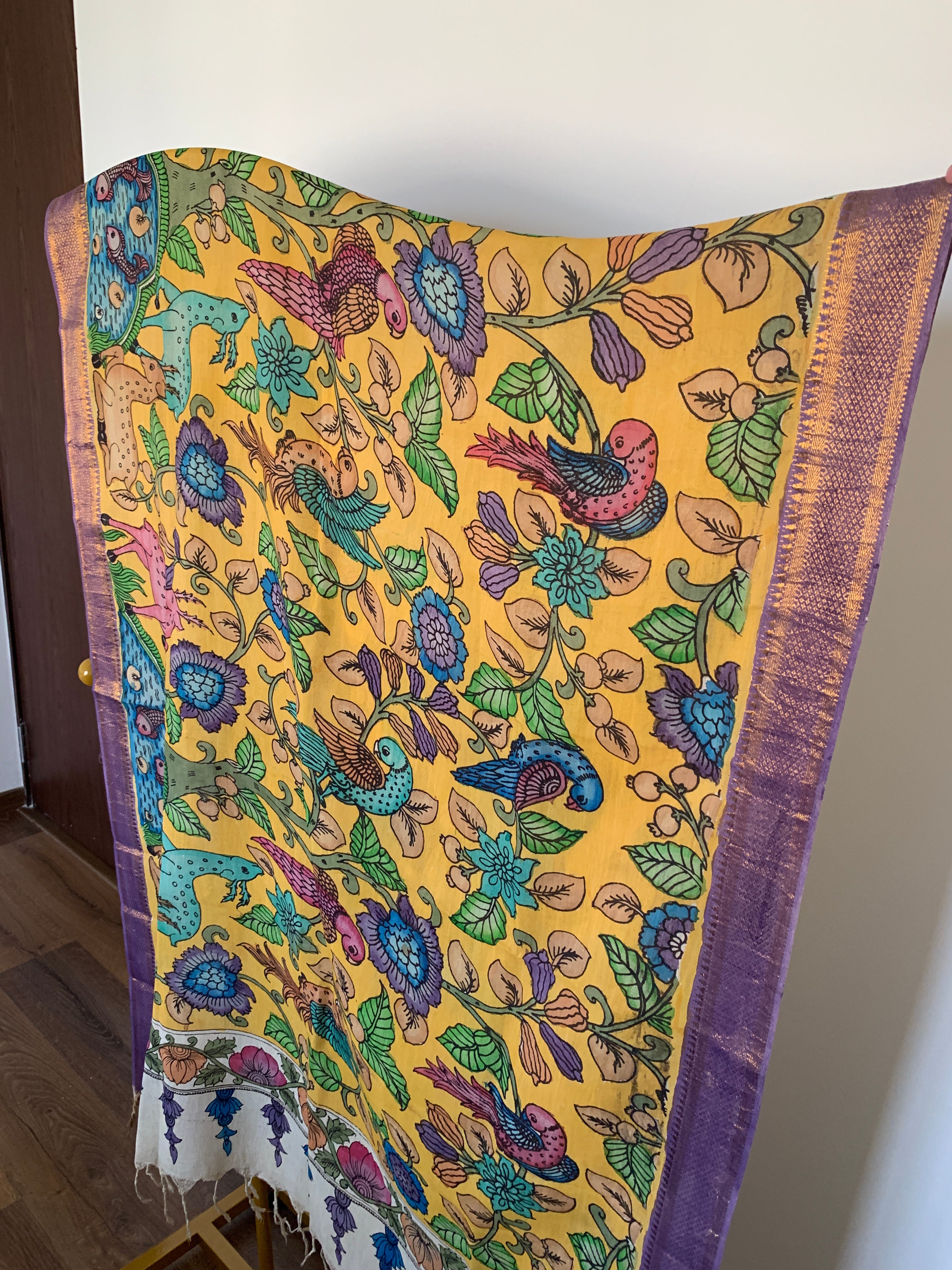 Golden Yellow Pen Kalamkari Silk Dupatta