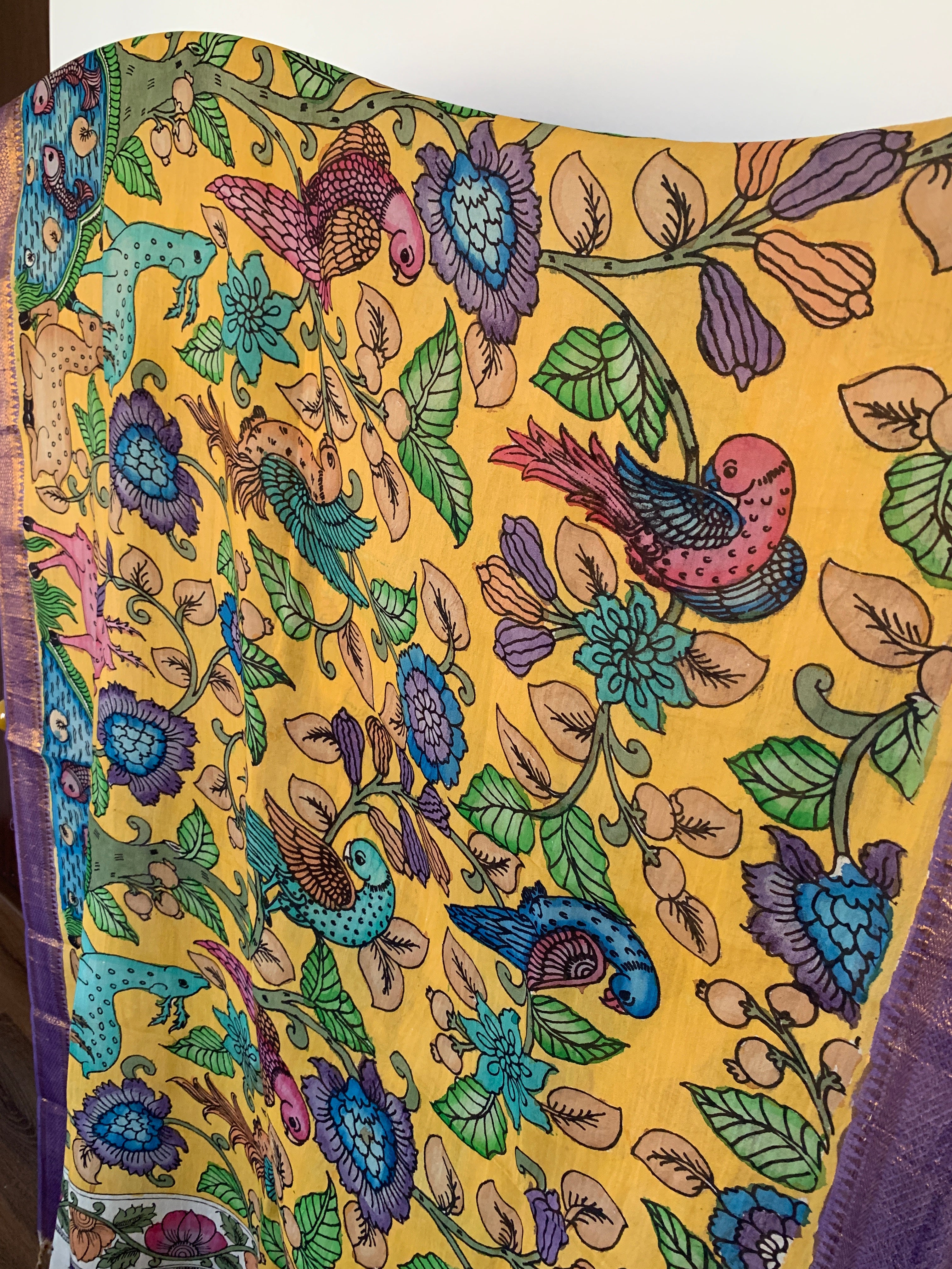 Golden Yellow Pen Kalamkari Silk Dupatta