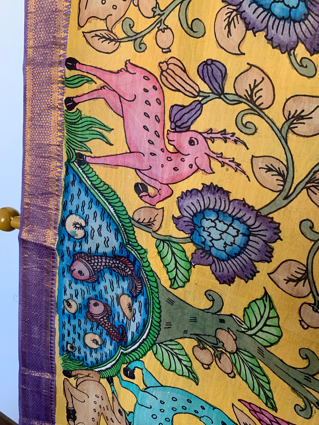 Golden Yellow Pen Kalamkari Silk Dupatta