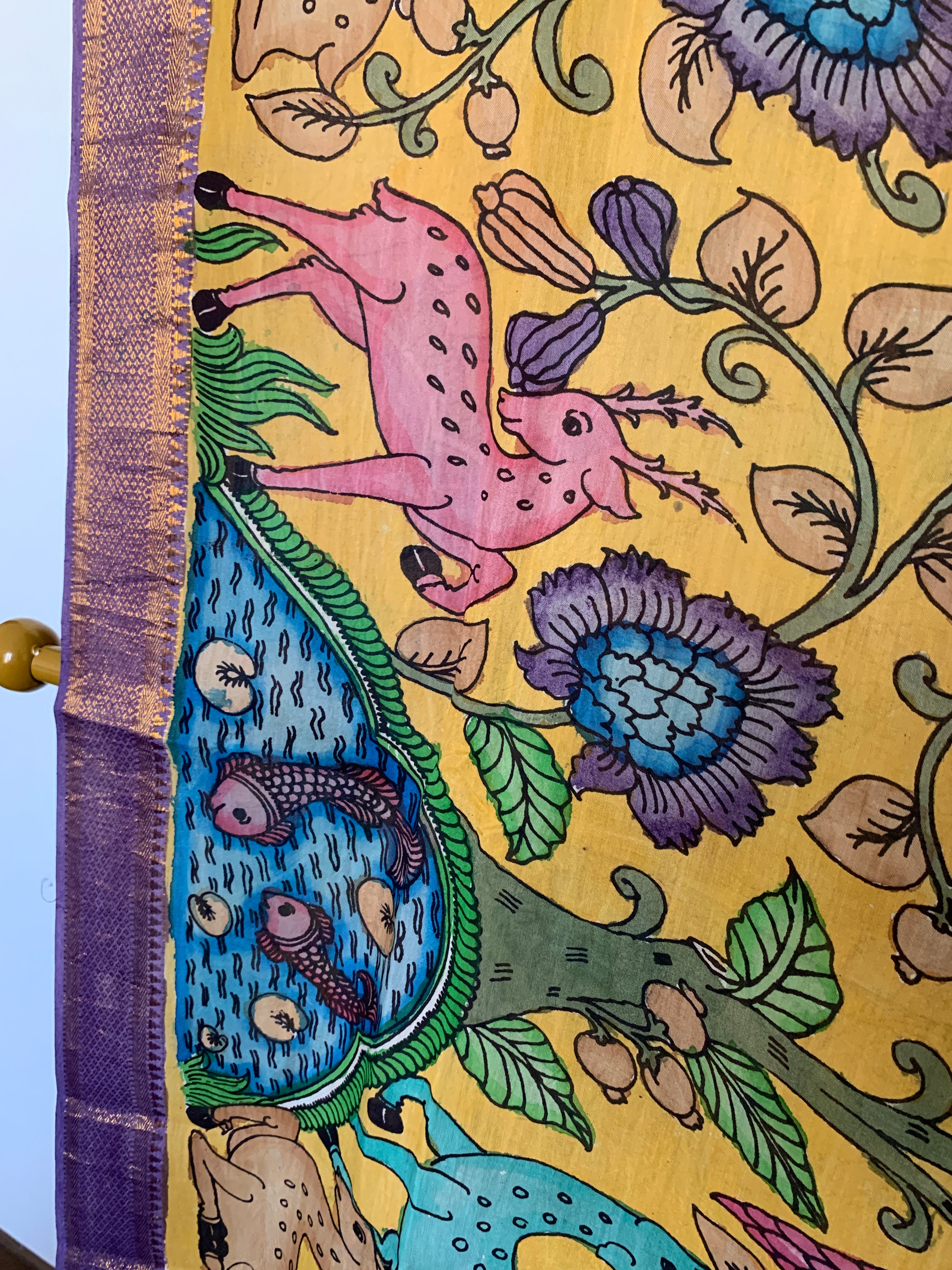 Golden Yellow Pen Kalamkari Silk Dupatta