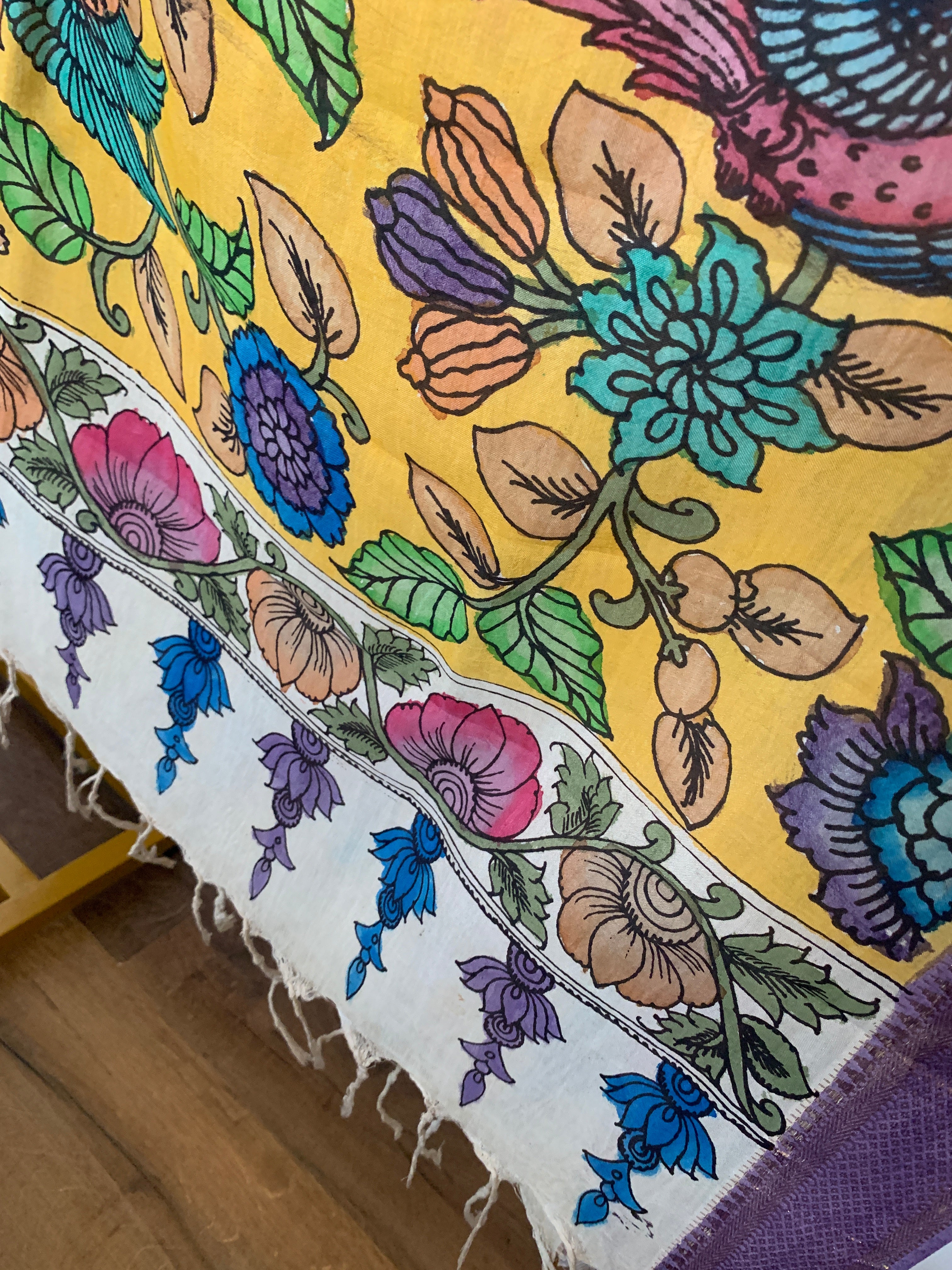 Golden Yellow Pen Kalamkari Silk Dupatta