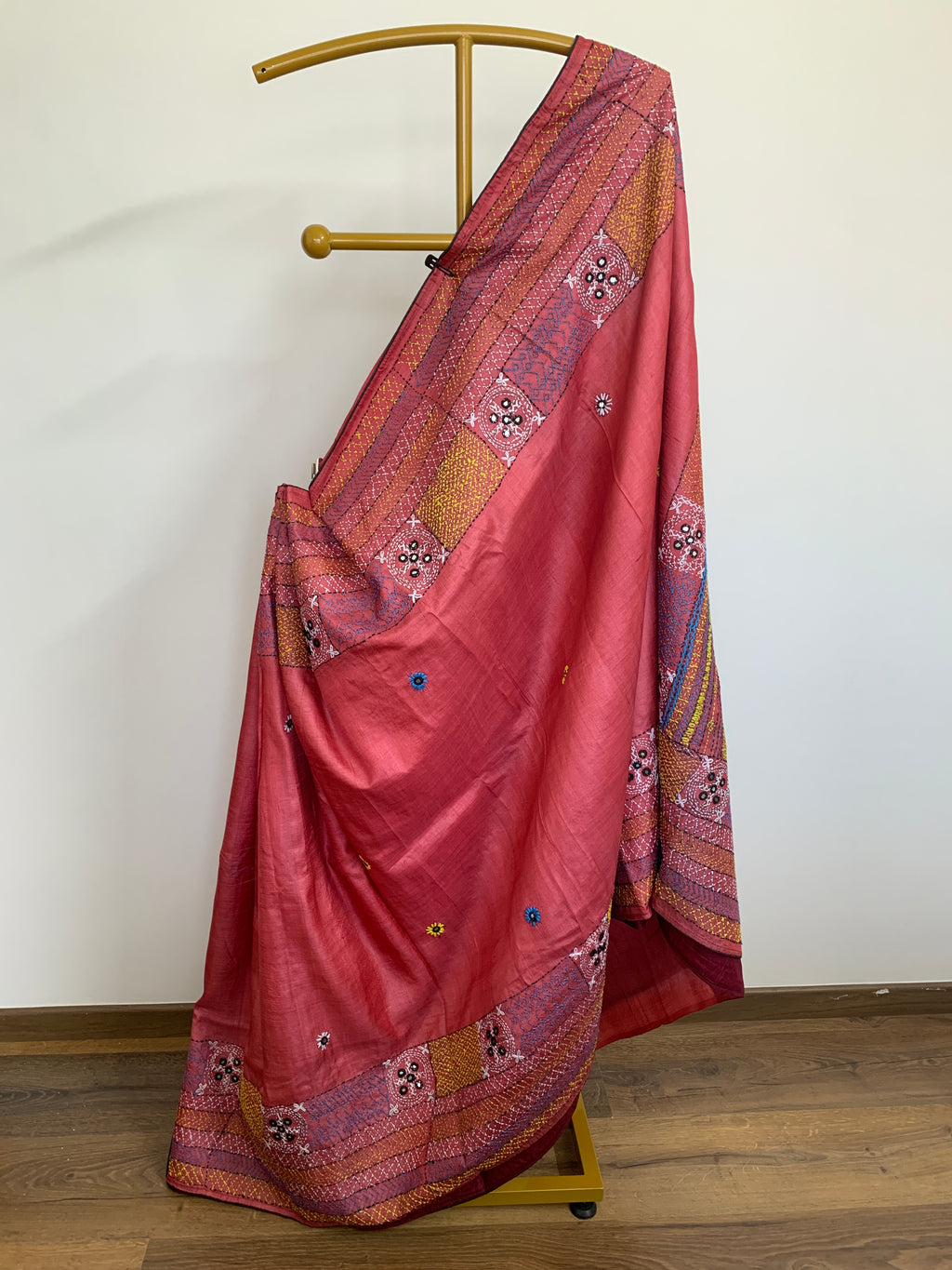 Watermelon Red Kutch Embroidery Tussar Silk Saree