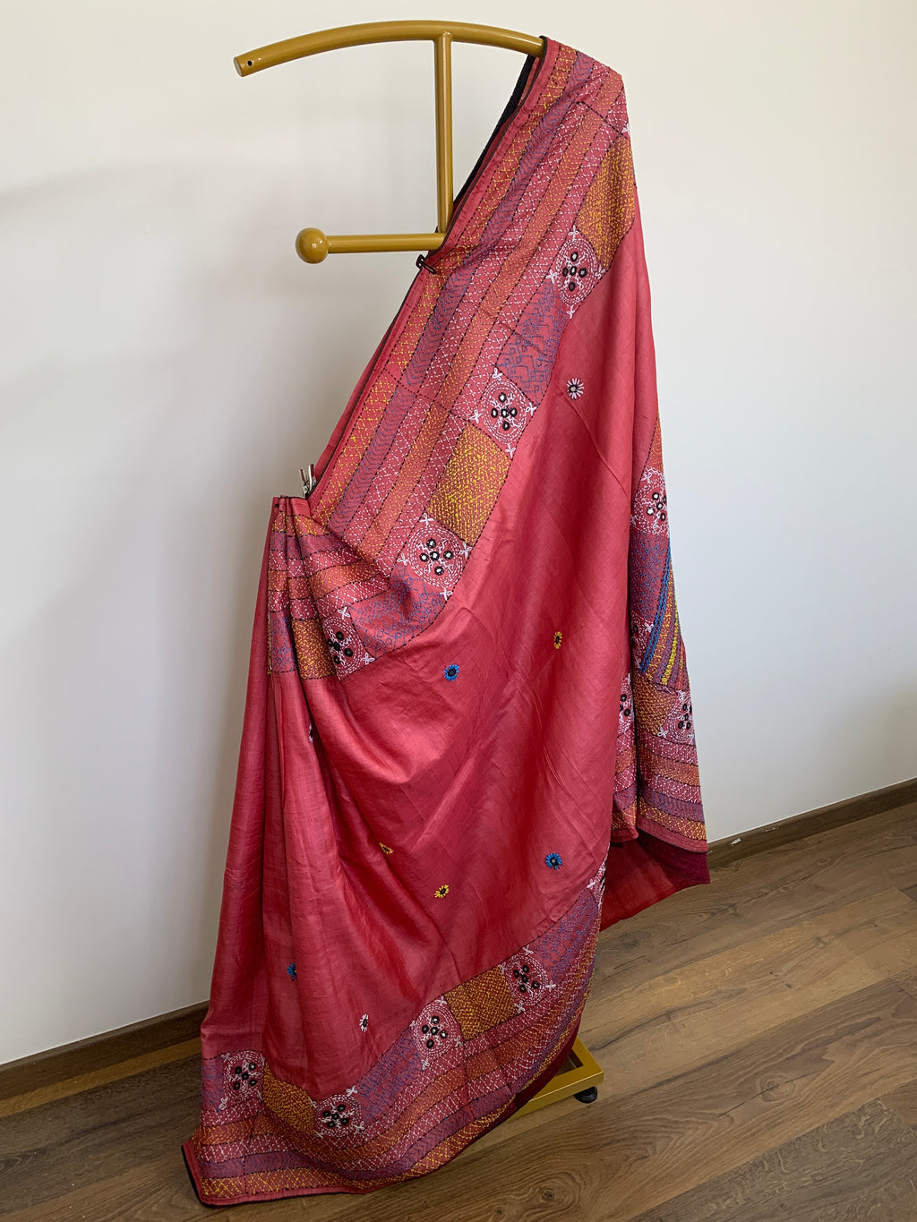 Watermelon Red Kutch Embroidery Tussar Silk Saree