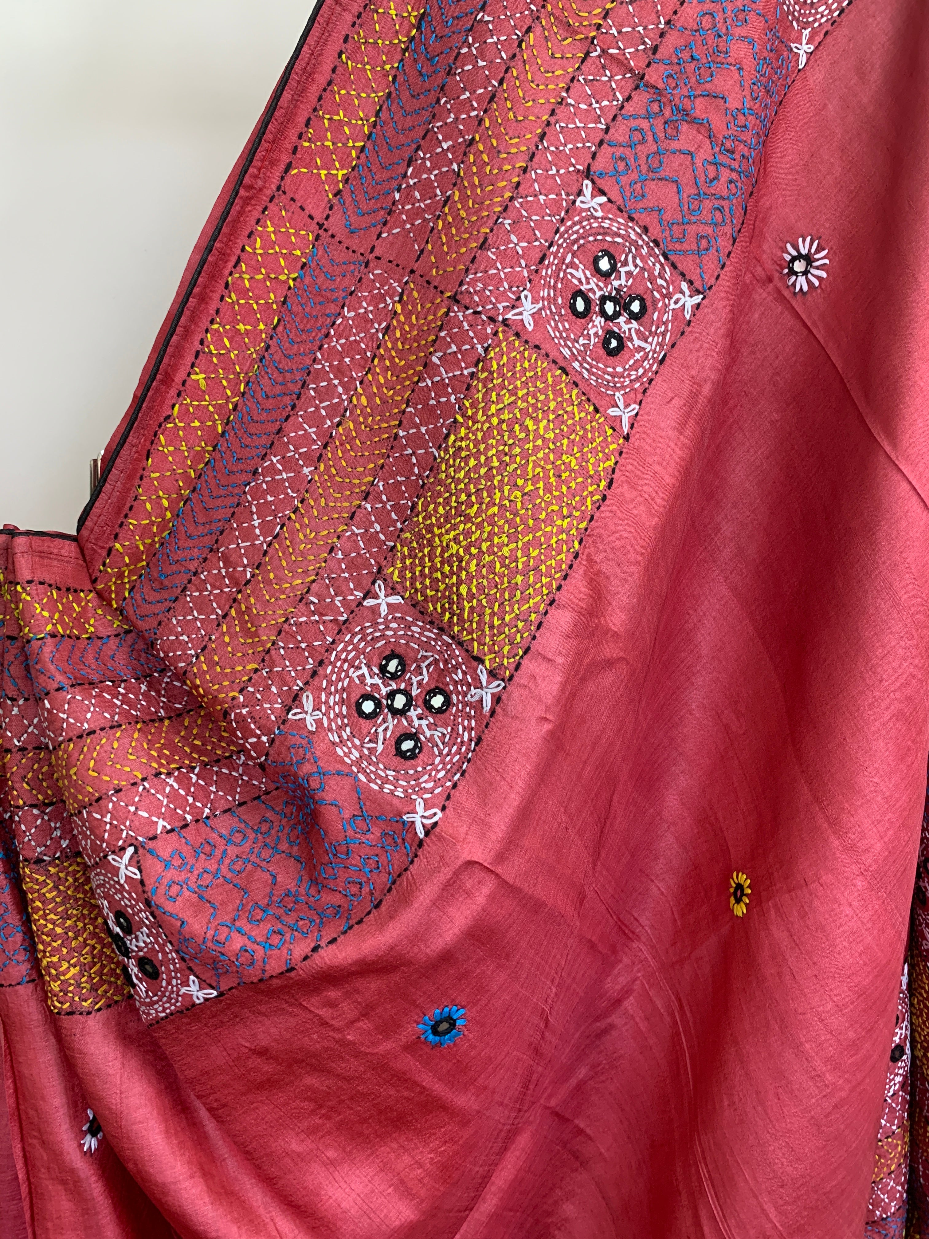 Watermelon Red Kutch Embroidery Tussar Silk Saree