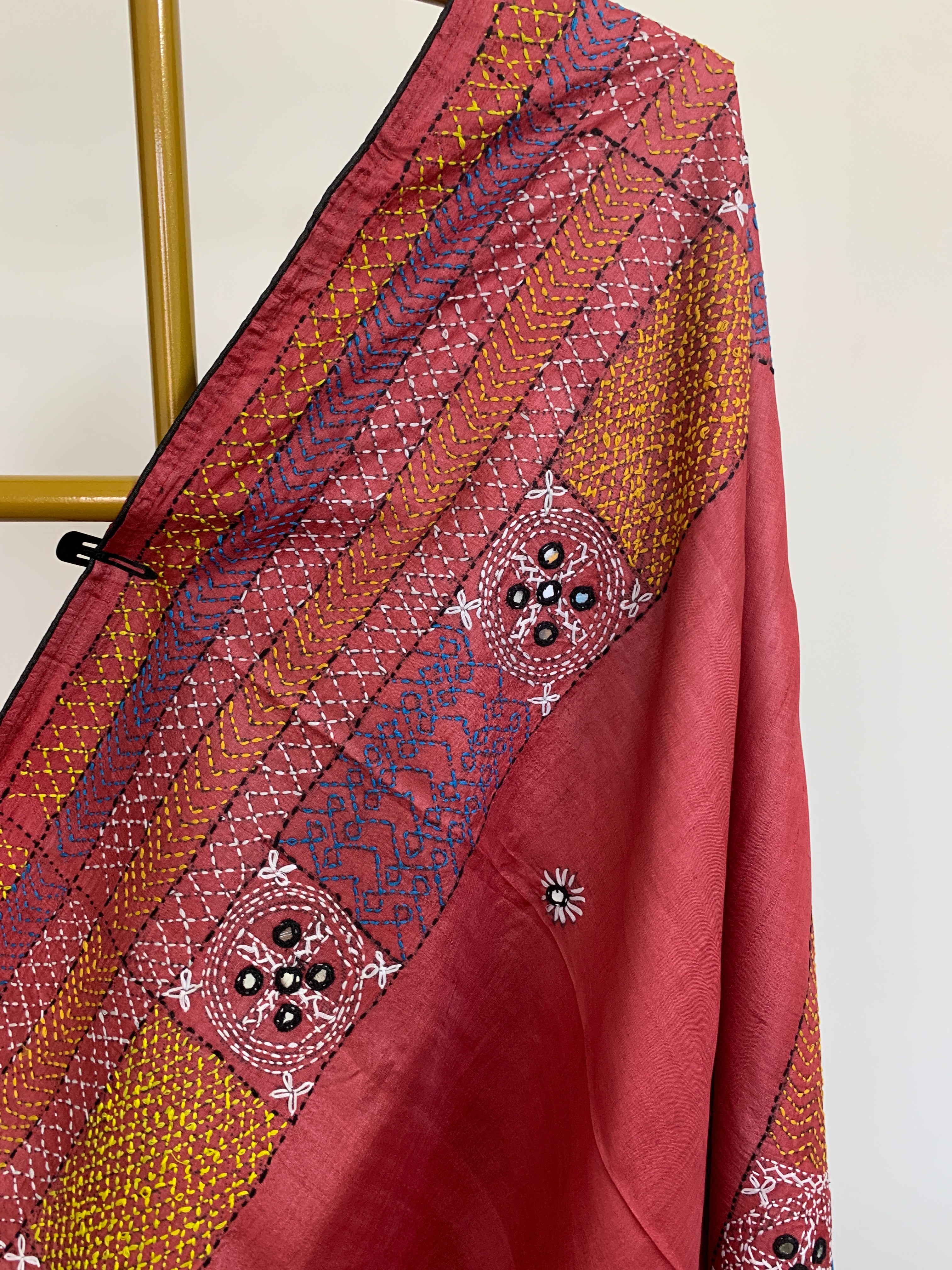 Watermelon Red Kutch Embroidery Tussar Silk Saree
