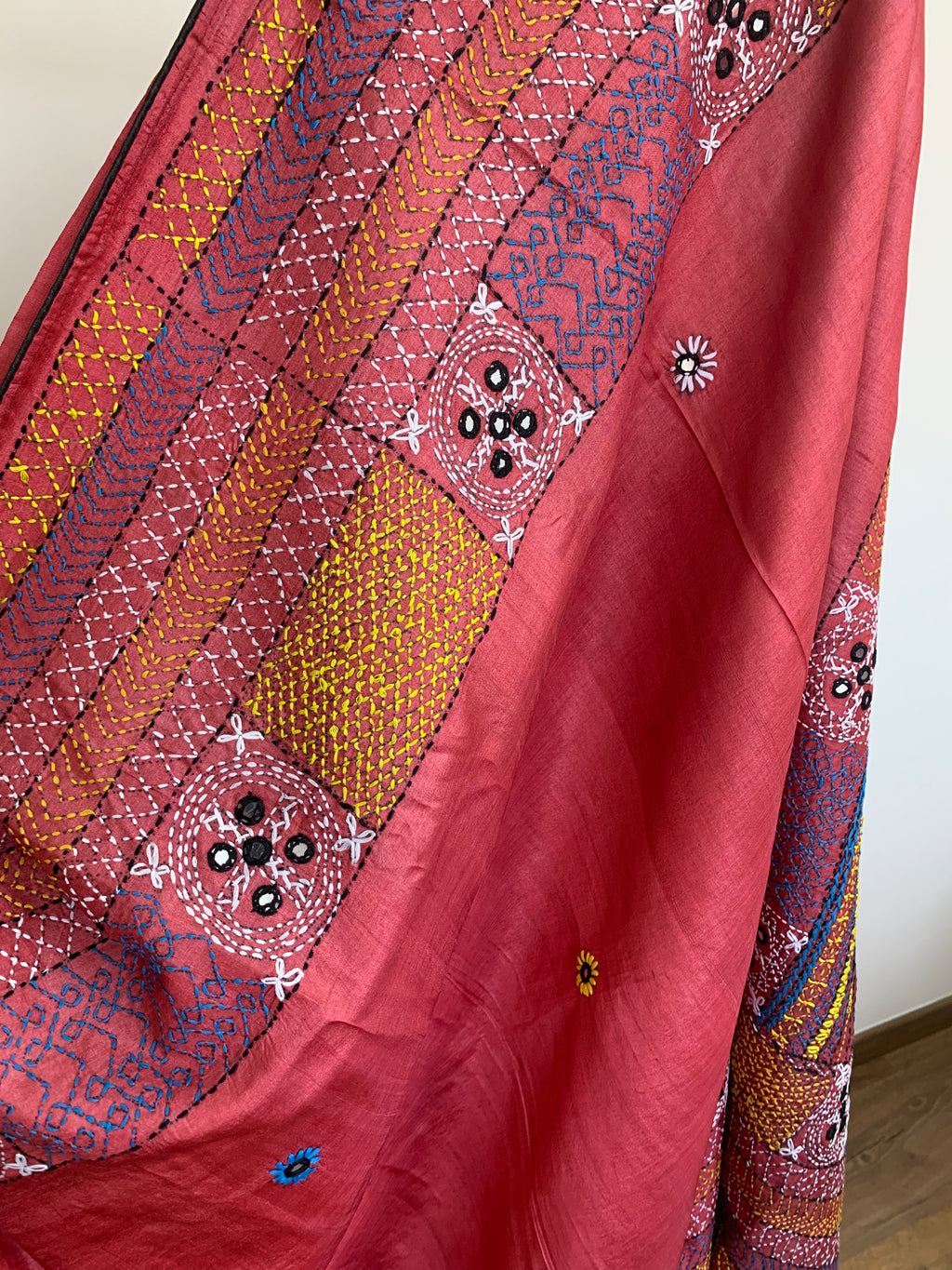 Watermelon Red Kutch Embroidery Tussar Silk Saree