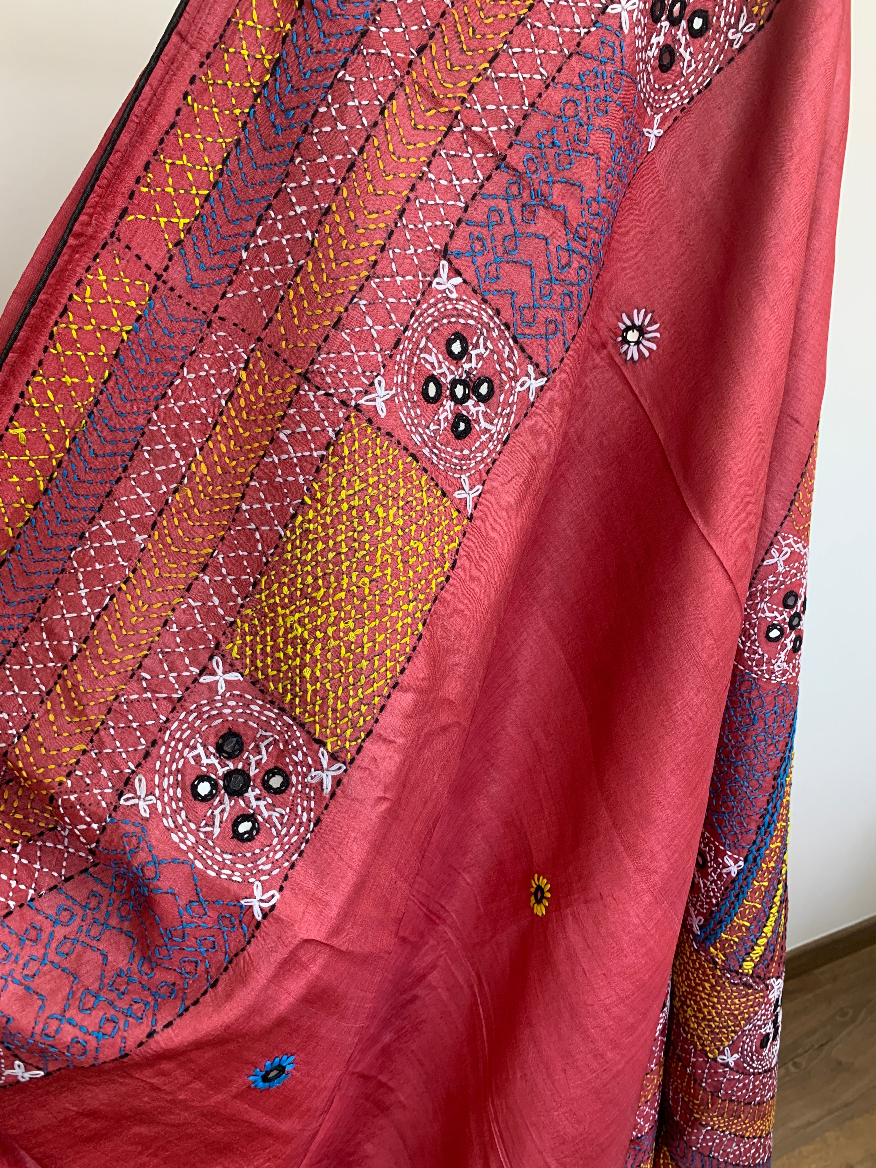 Watermelon Red Kutch Embroidery Tussar Silk Saree