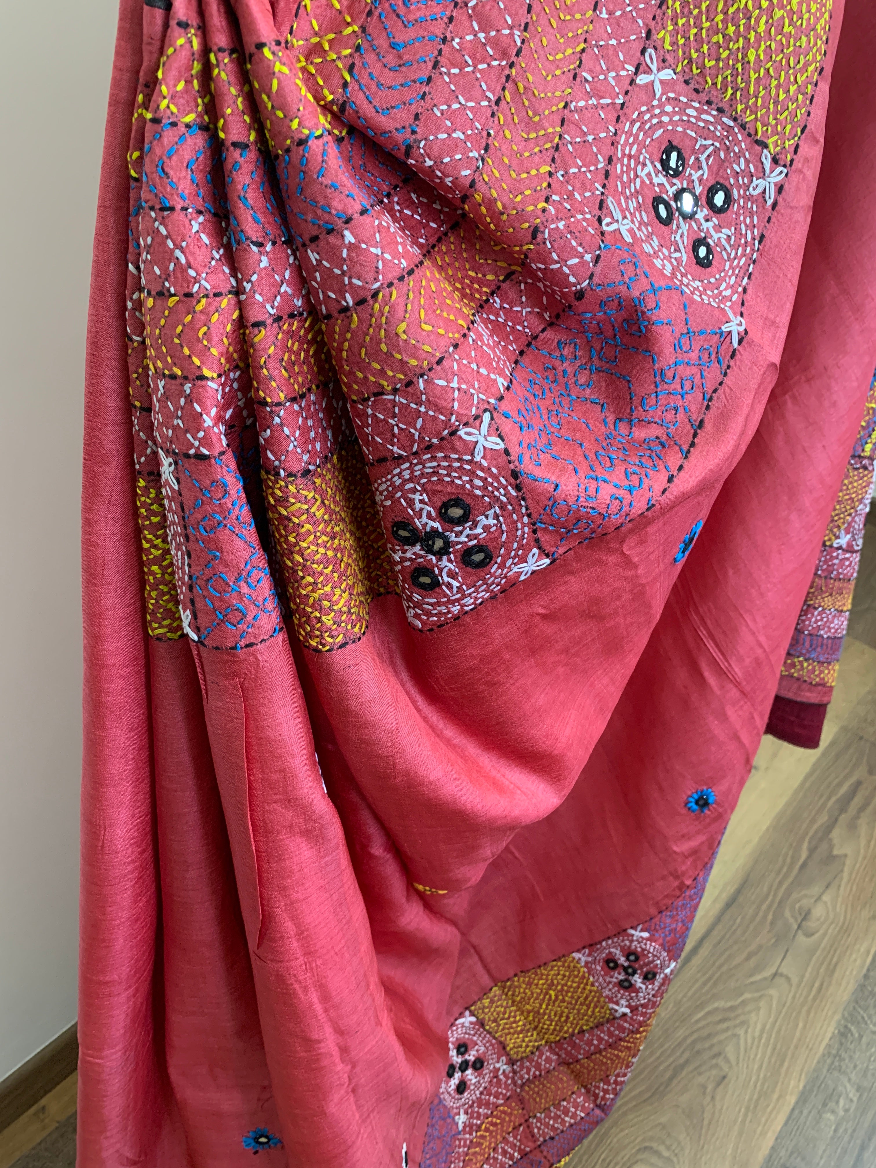 Watermelon Red Kutch Embroidery Tussar Silk Saree