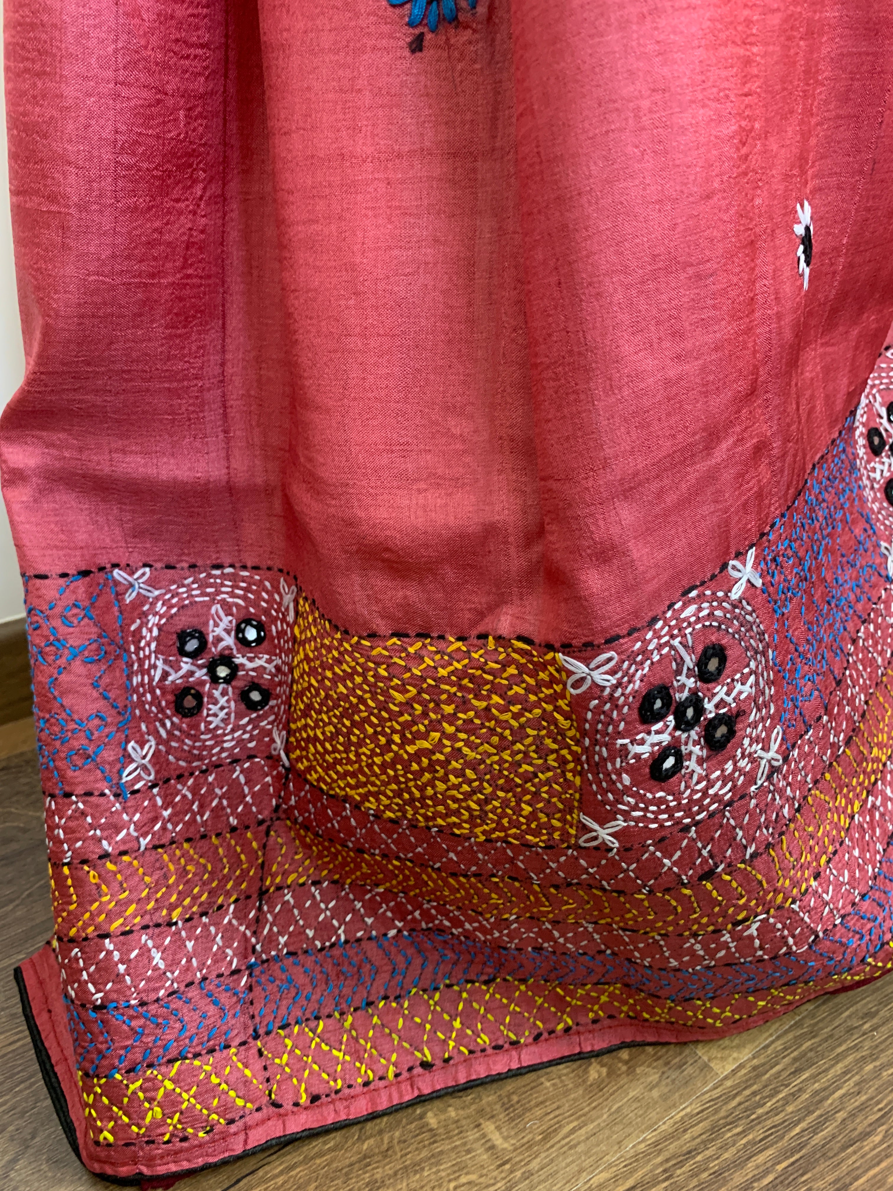 Watermelon Red Kutch Embroidery Tussar Silk Saree