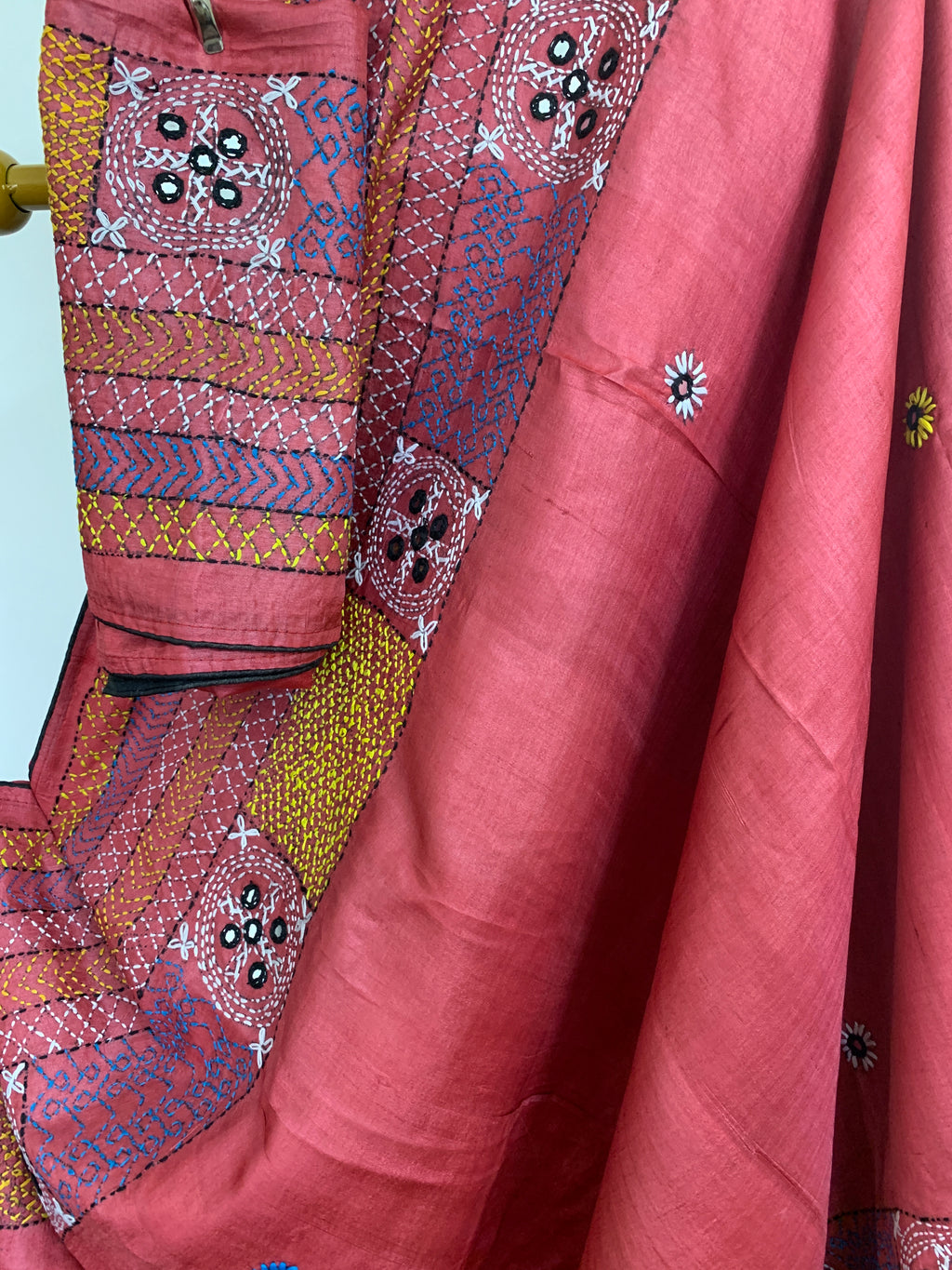 Watermelon Red Kutch Embroidery Tussar Silk Saree