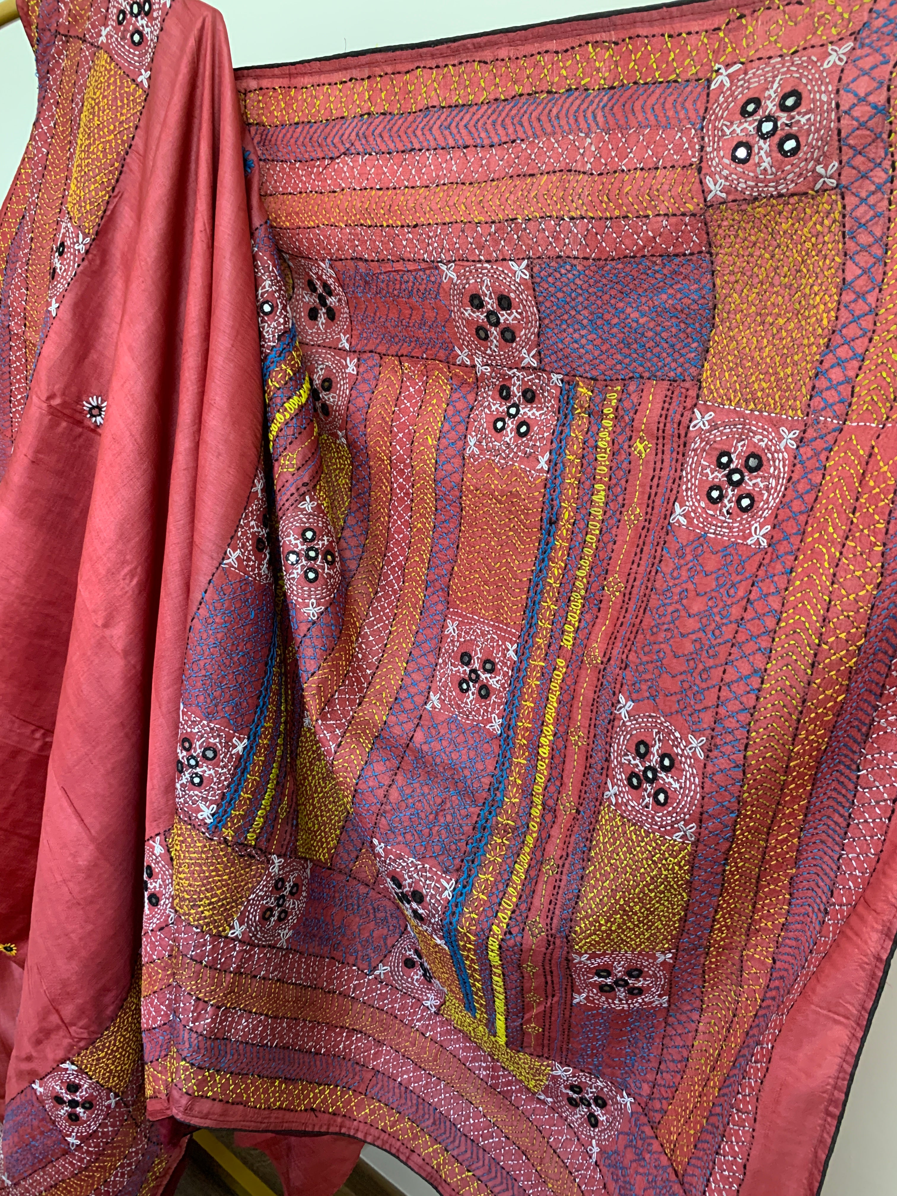 Watermelon Red Kutch Embroidery Tussar Silk Saree