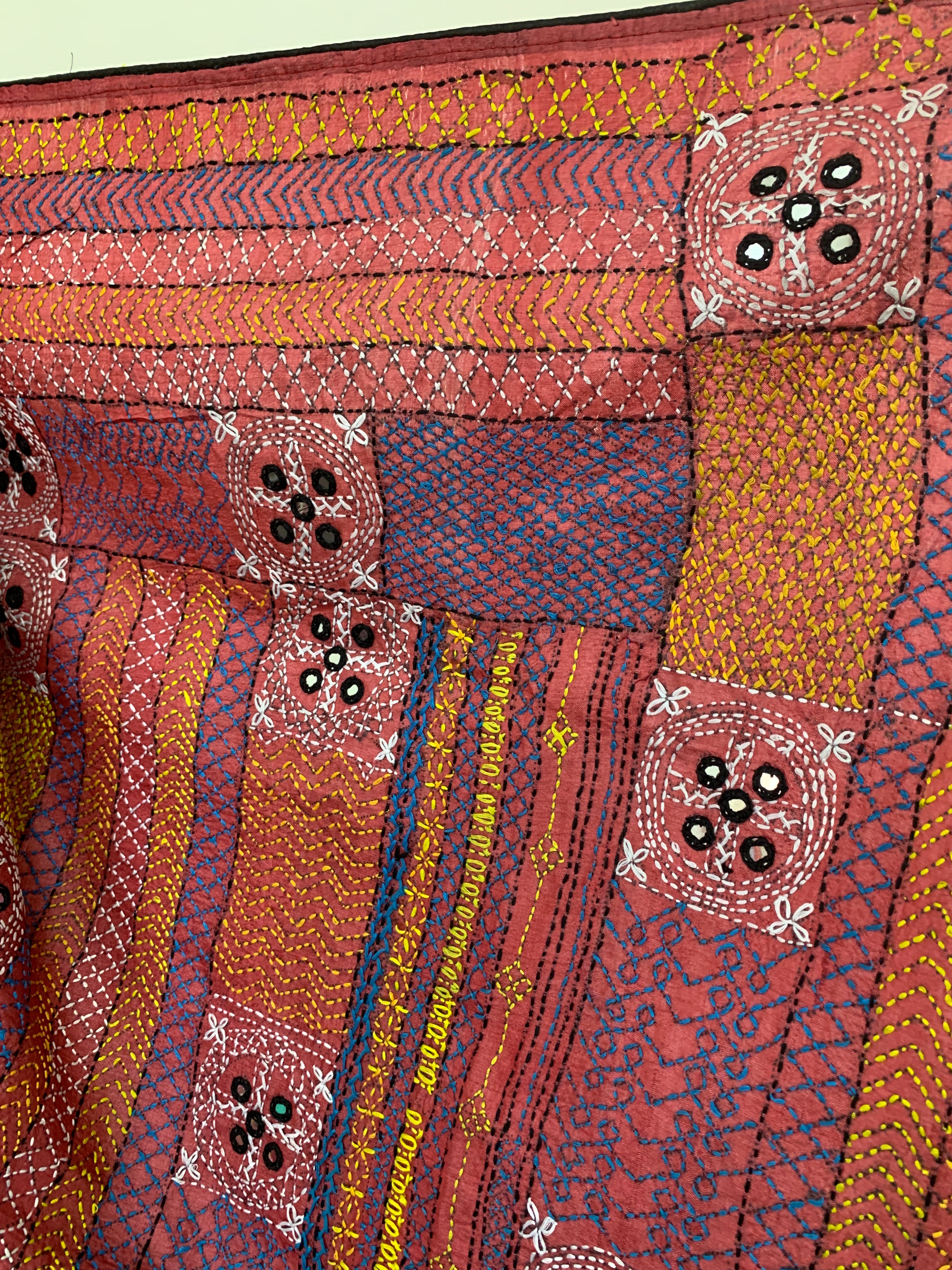 Watermelon Red Kutch Embroidery Tussar Silk Saree