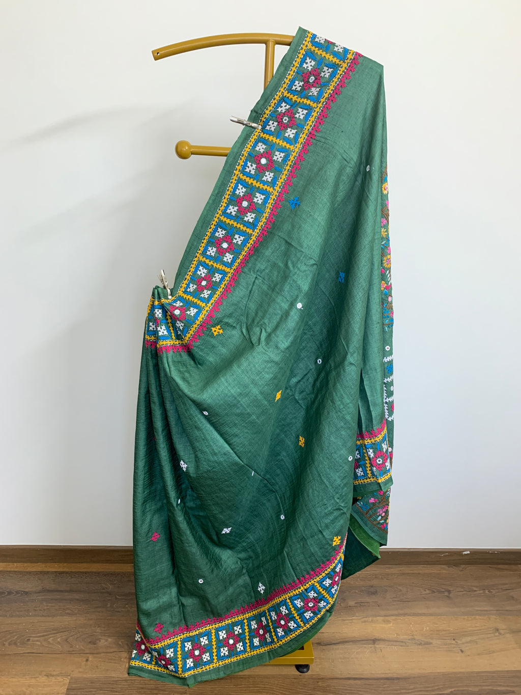 Jade Green Kutch & Parsigara Embroidery Tussar Silk Saree