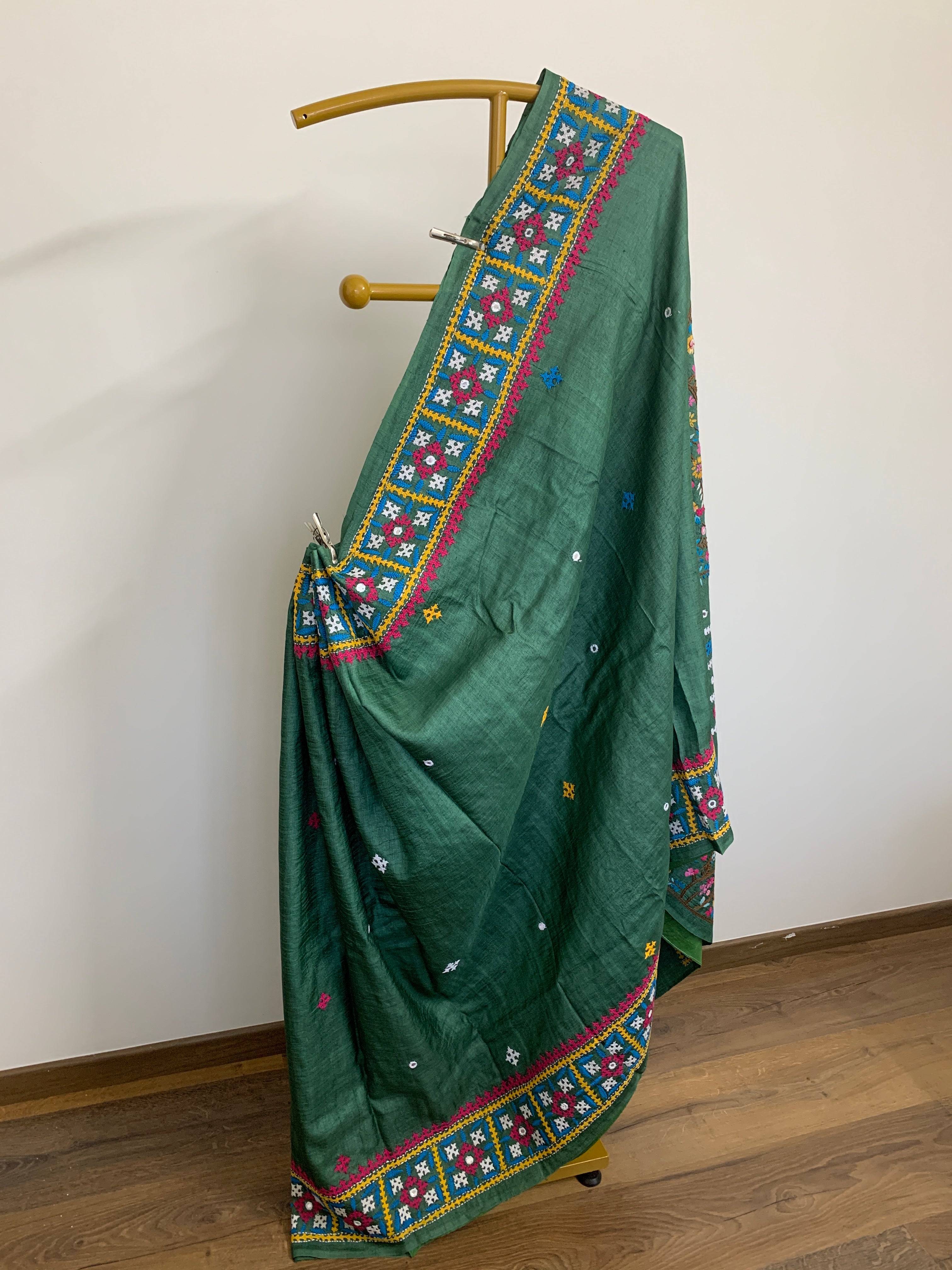 Jade Green Kutch & Parsigara Embroidery Tussar Silk Saree