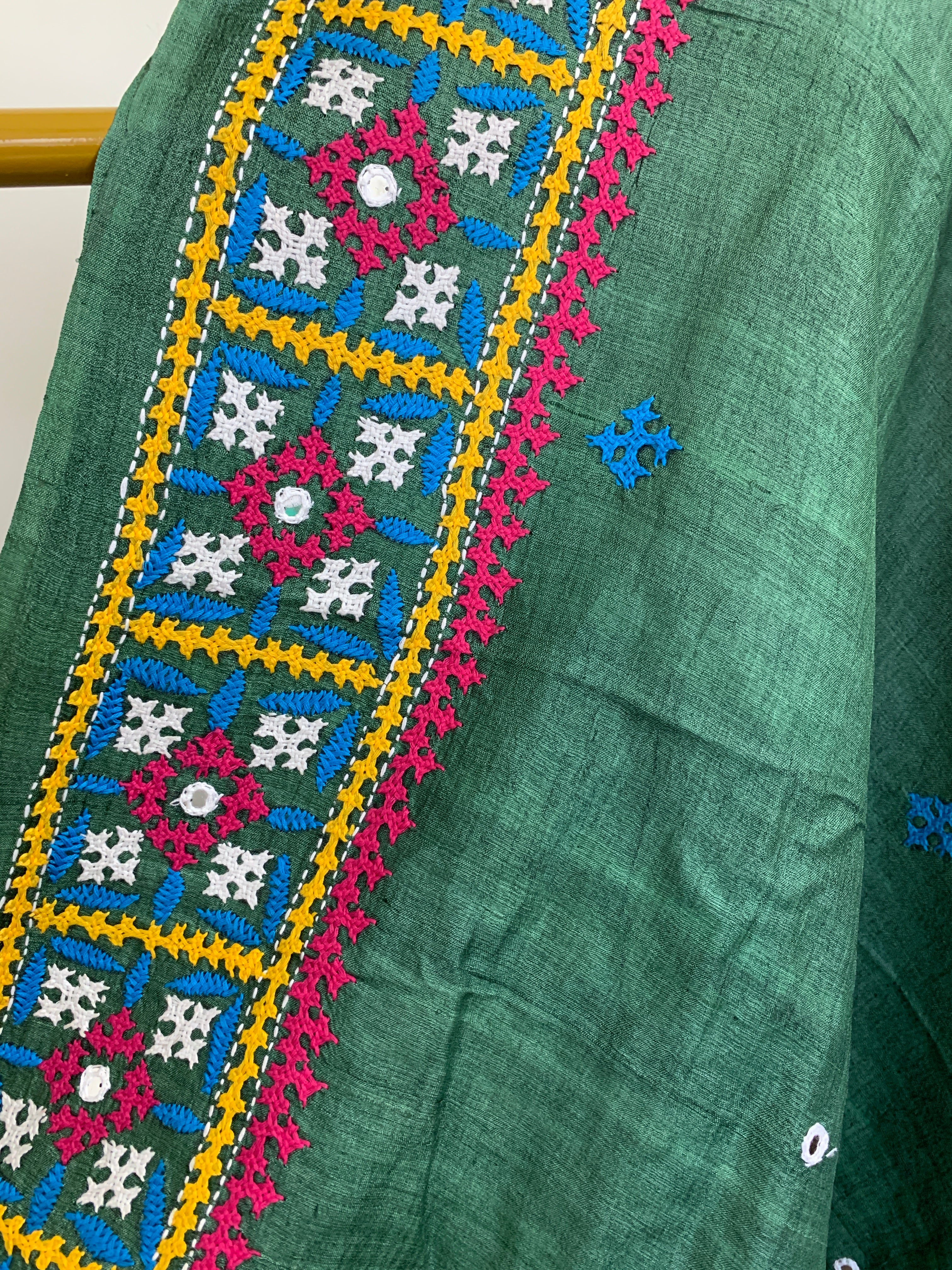 Jade Green Kutch & Parsigara Embroidery Tussar Silk Saree