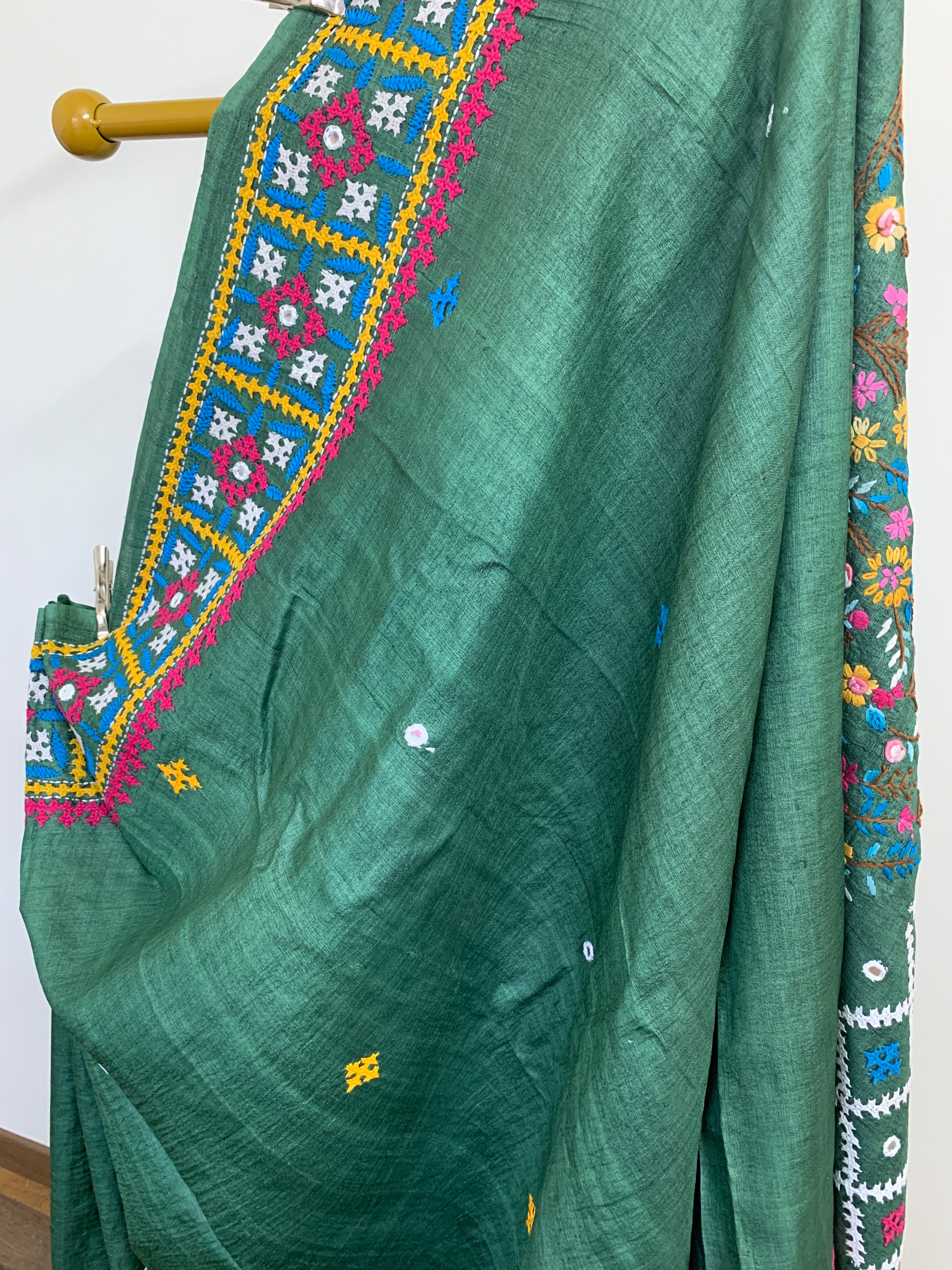 Jade Green Kutch & Parsigara Embroidery Tussar Silk Saree
