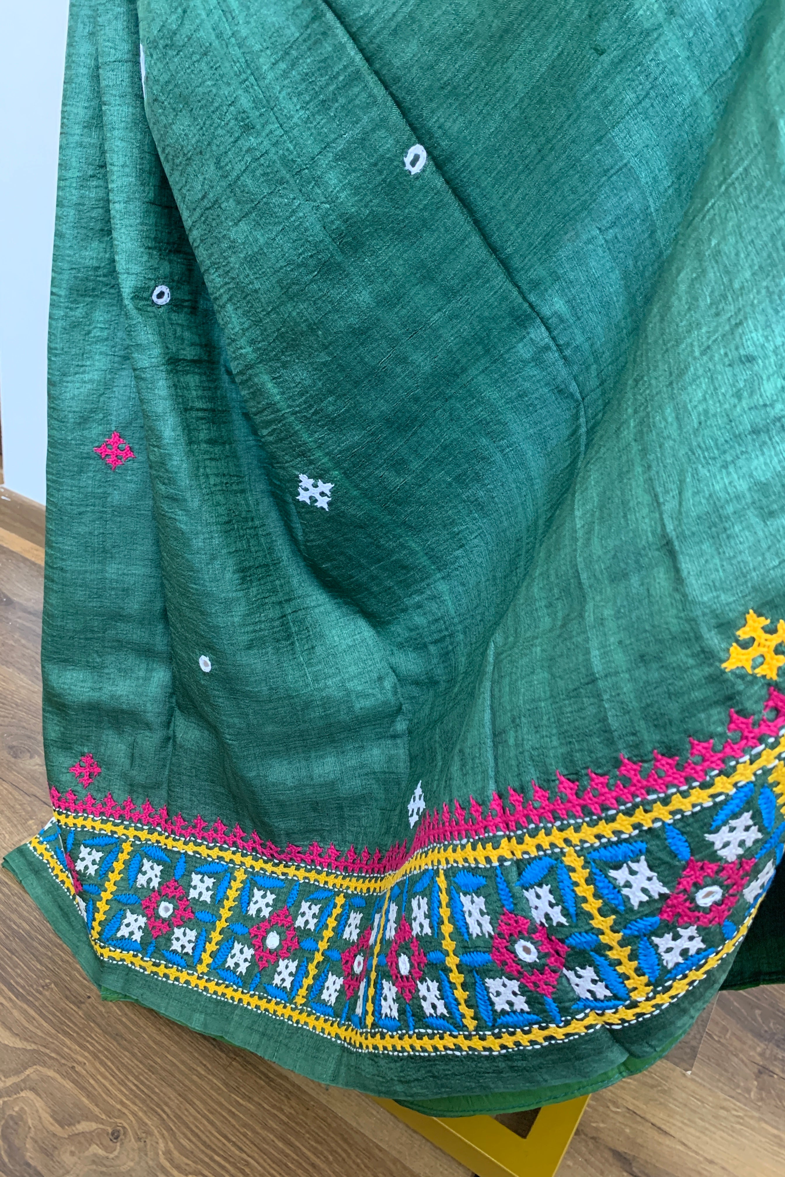 Jade Green Kutch & Parsigara Embroidery Tussar Silk Saree