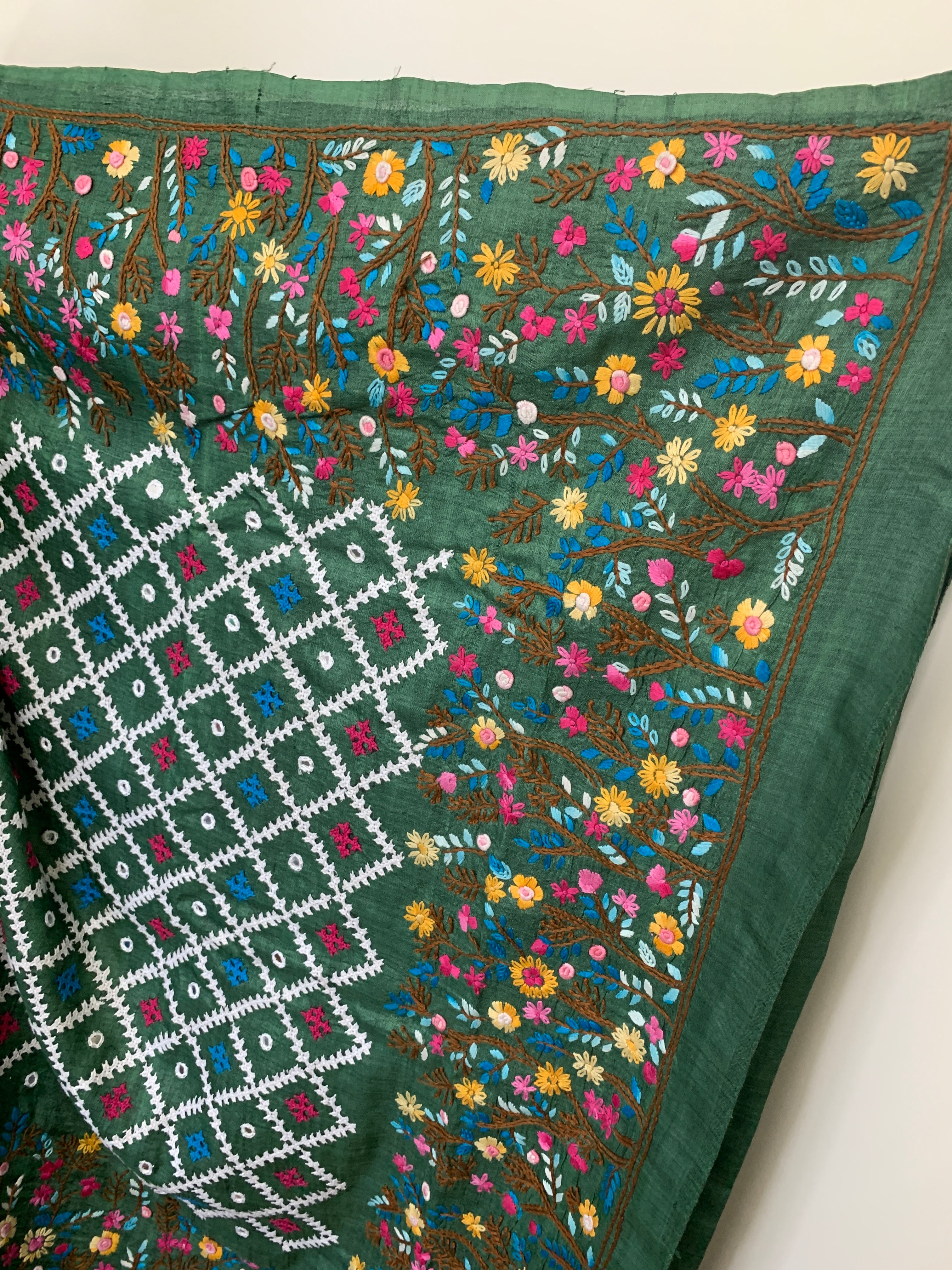 Jade Green Kutch & Parsigara Embroidery Tussar Silk Saree