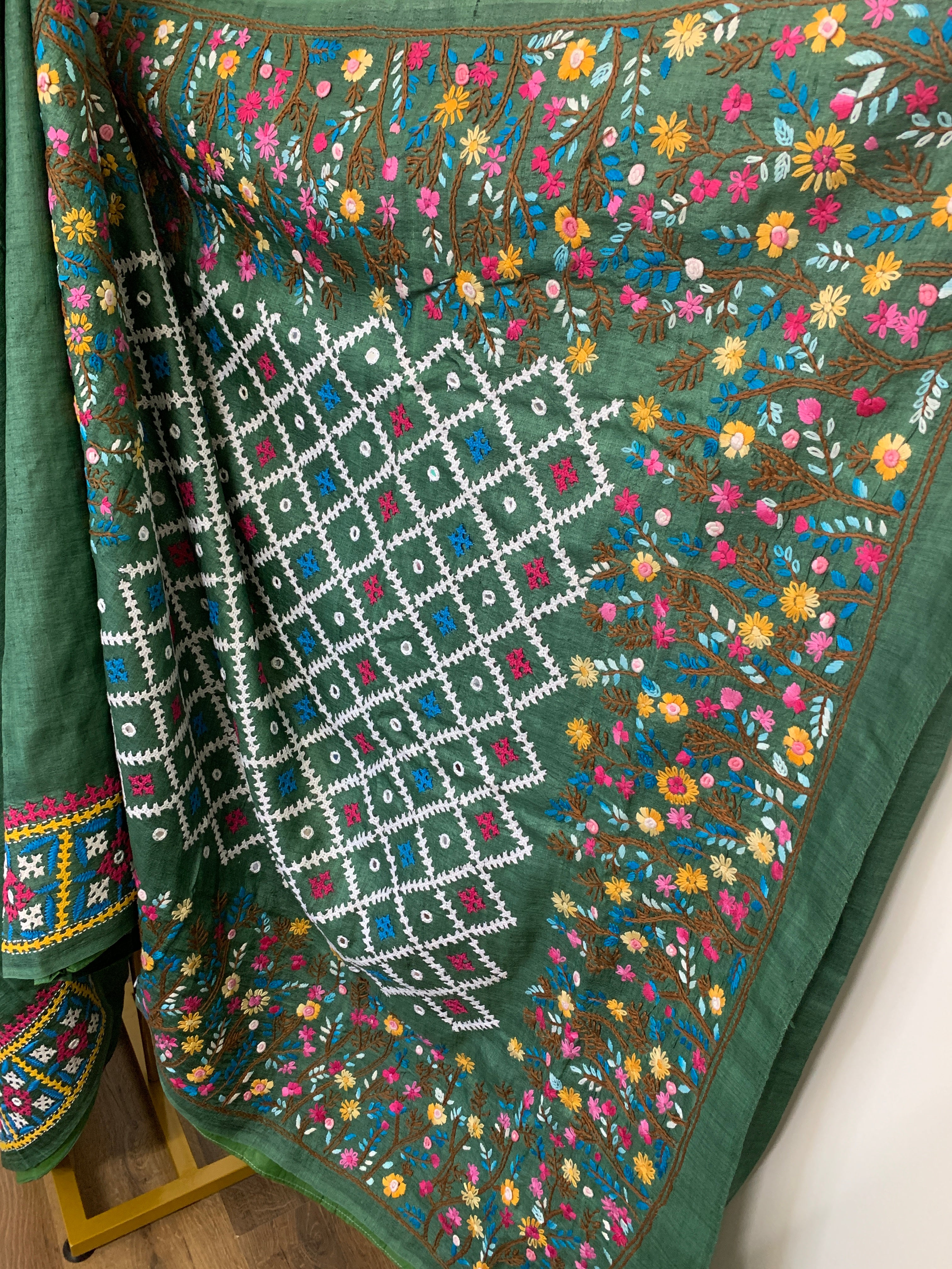 Jade Green Kutch & Parsigara Embroidery Tussar Silk Saree