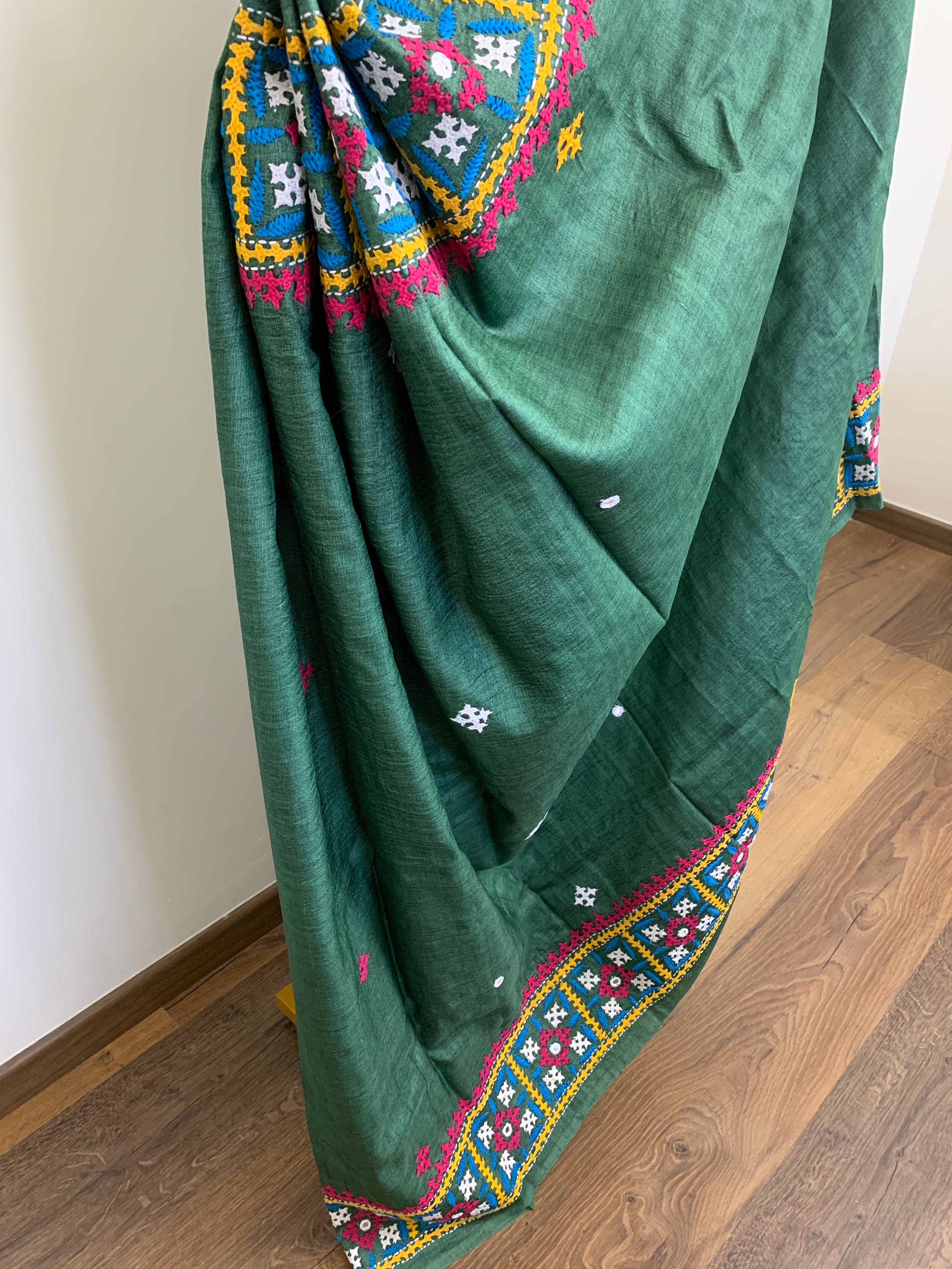 Jade Green Kutch & Parsigara Embroidery Tussar Silk Saree