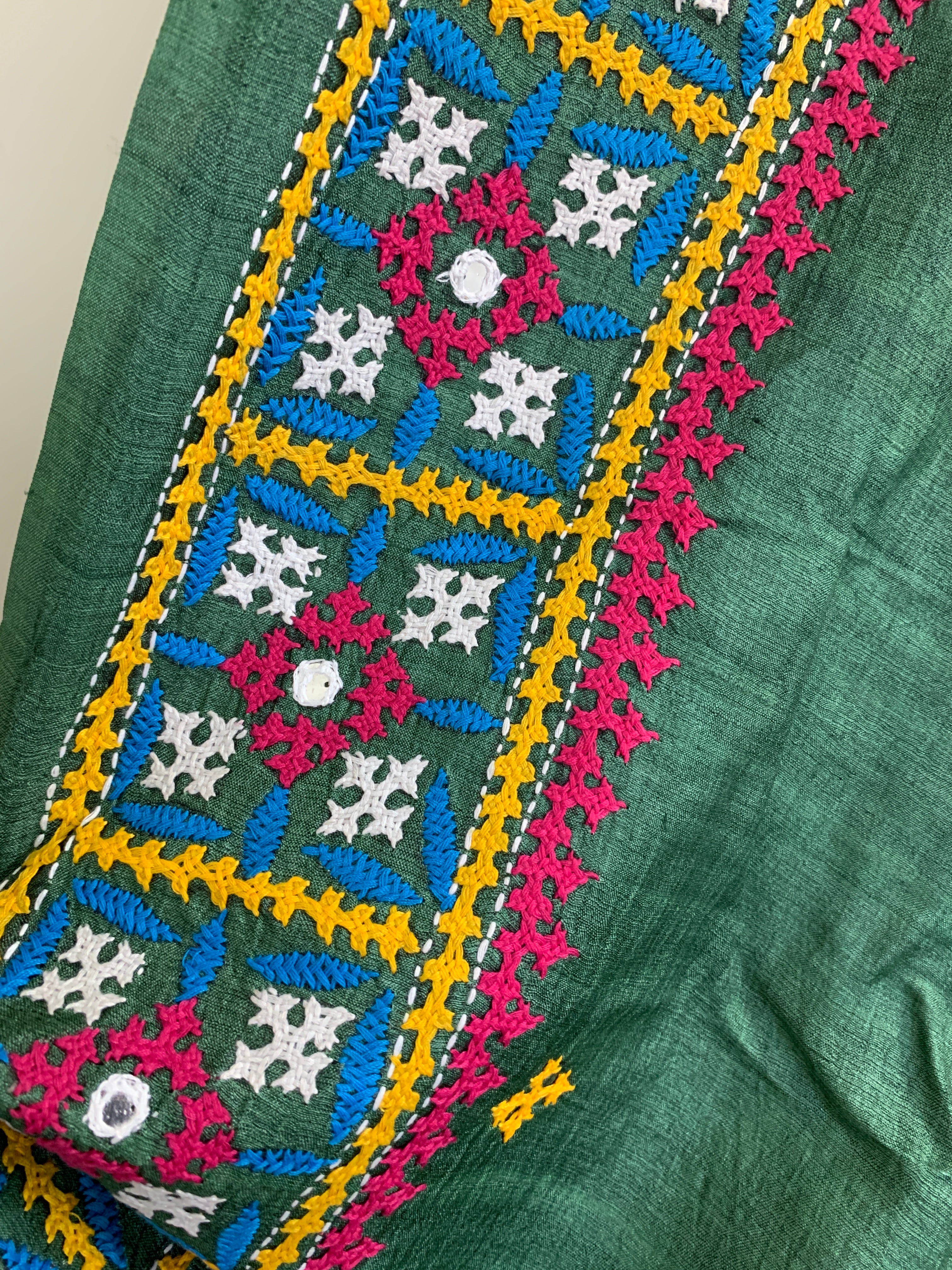 Jade Green Kutch & Parsigara Embroidery Tussar Silk Saree