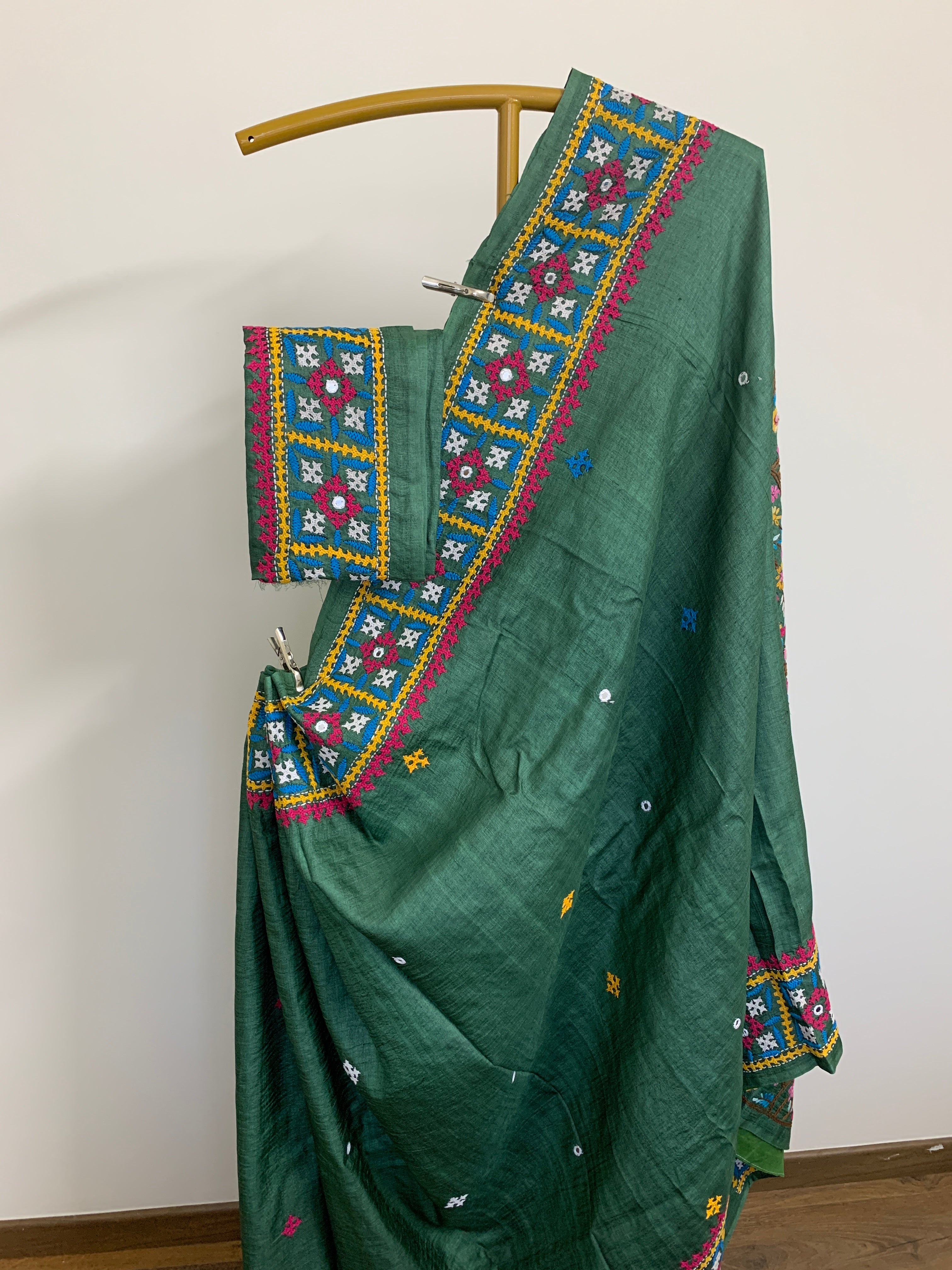 Jade Green Kutch & Parsigara Embroidery Tussar Silk Saree
