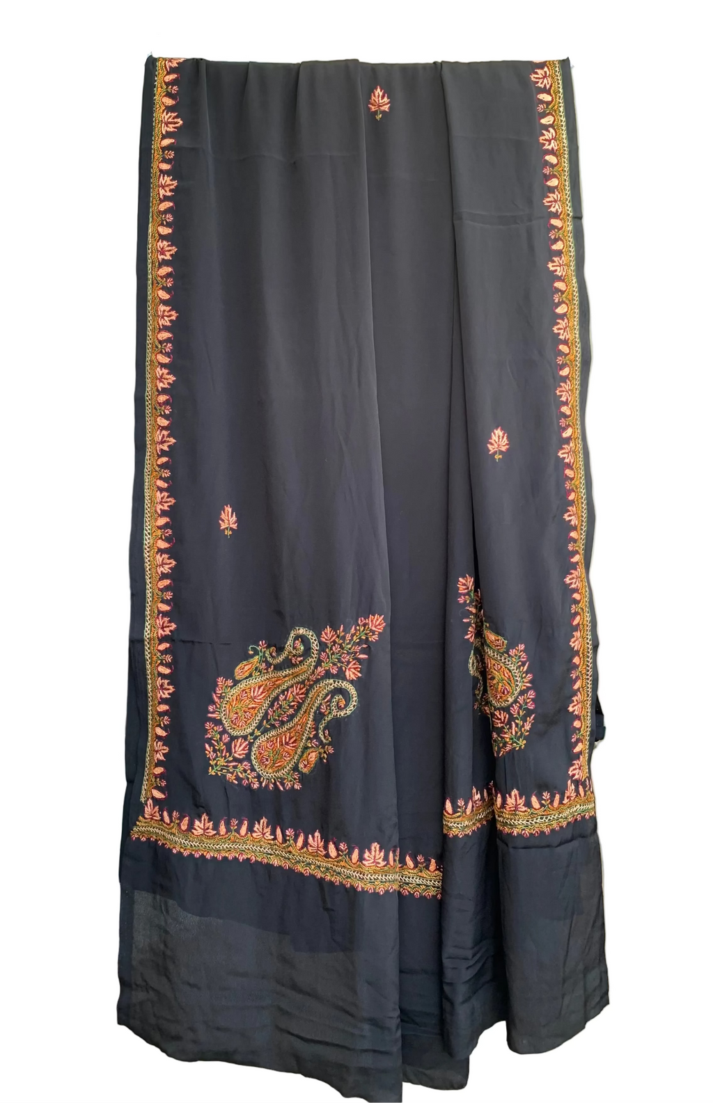 Black Kashmiri Sozni Embroidery Crepe Silk Saree