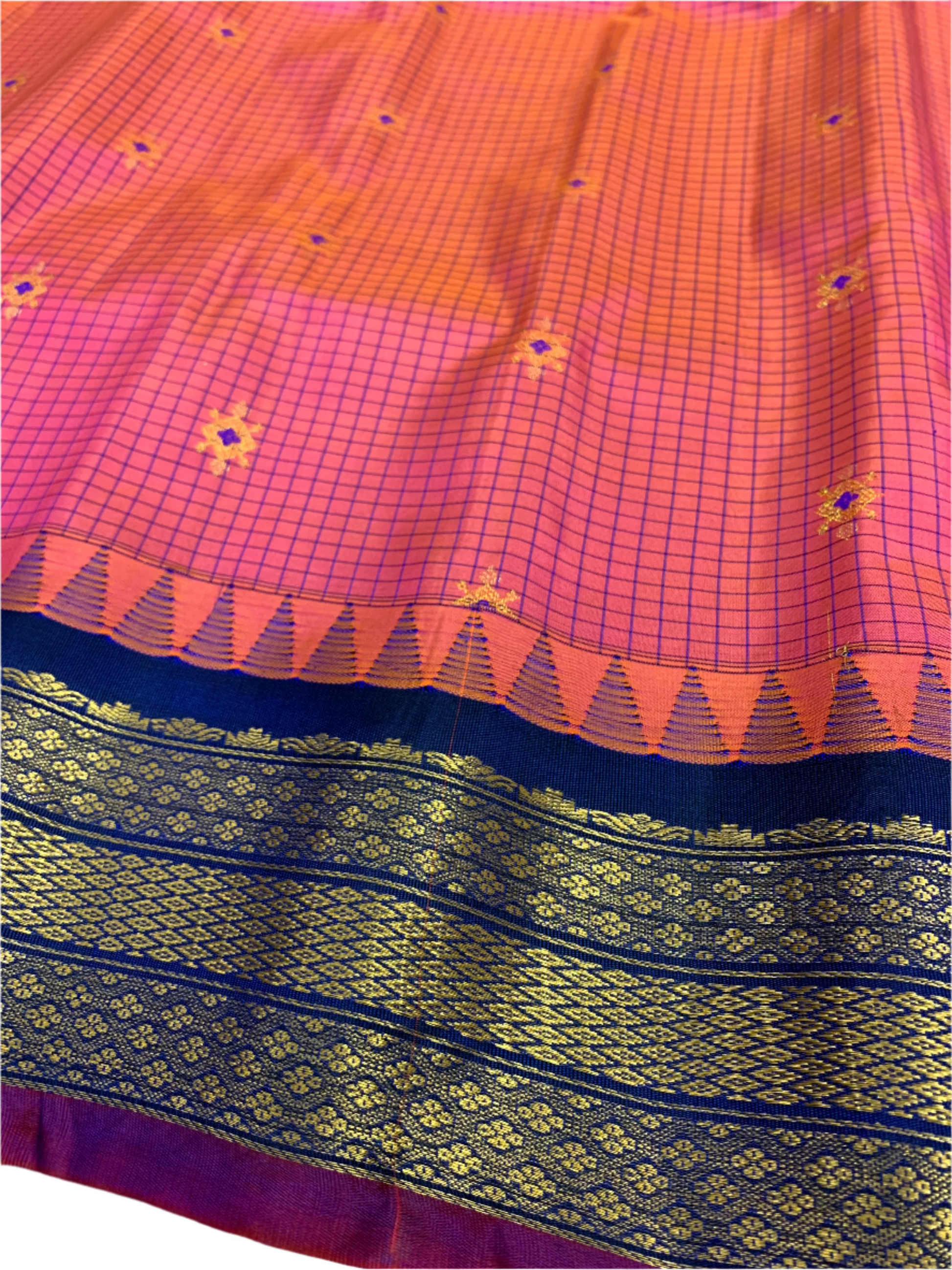 Deep Peach and Yellow Dual Tone Gadwal Silk Saree