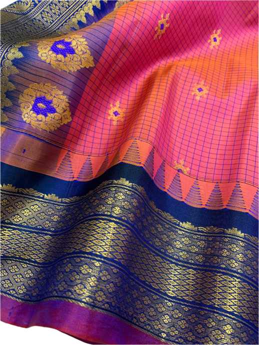 Deep Peach and Yellow Dual Tone Gadwal Silk Saree