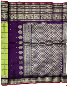 Lime Green and Purple Gadwal Silk Saree