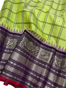 Lime Green and Purple Gadwal Silk Saree