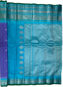 Lavender and Cyan Gadwal Silk Saree with Silver Zari