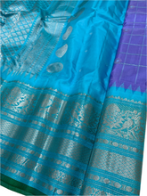 Load image into Gallery viewer, Lavender and Cyan Gadwal Silk Saree with Silver Zari